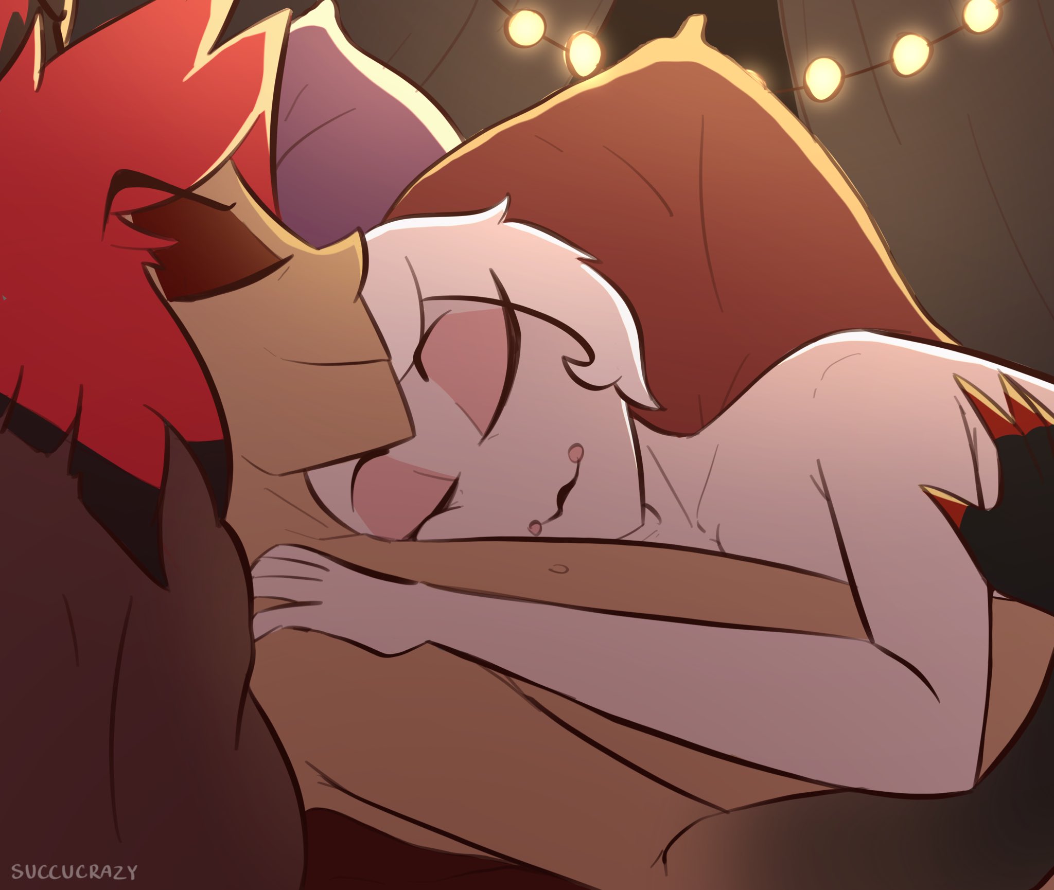 2demons, after sex, alastor (hazbin hotel), avianaress, closed eyes, demon, demon boy, demon girl, demons, detailed background, female, grey body, hazbin hotel, male, male/female, nude, red hair, rosie (hazbin hotel), smile, straight, white hair