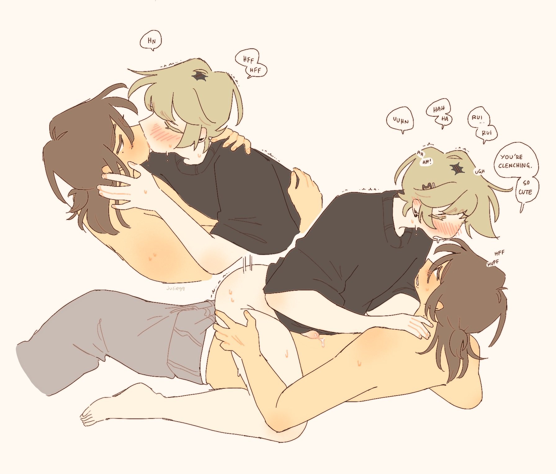 2boys, ahoge, anal, arm around neck, arms around partner, artist name, black shirt, blonde hair, blush, bottomless, brown hair, closed eyes, color, completely nude, dialogue, drooling, dyed hair, ear blush, ear piercing, earrings, english text, erection, eyebrows visible through hair, full-face blush, functionally nude, hand on another's face, hand on another's shoulder, hand on another's thigh, happy trail, juliegg, kneeling, kouta (juliegg), leaning forward, long hair, looking at partner, looking pleasured, lying, lying on back, male penetrated, male penetrating, male penetrating male, male pubic hair, moaning, mole, mole under eye, mole under mouth, motion lines, obscured penetration, original, pants down, penis, precum, precum drip, precum on penis, pubic hair, riding, riding penis, romantic, rui (juliegg), saliva, sound effects, speech bubble, straddling, sweat, sweatpants, thigh grab, tied hair, trembling, watermark, white background, wholesome, yaoi