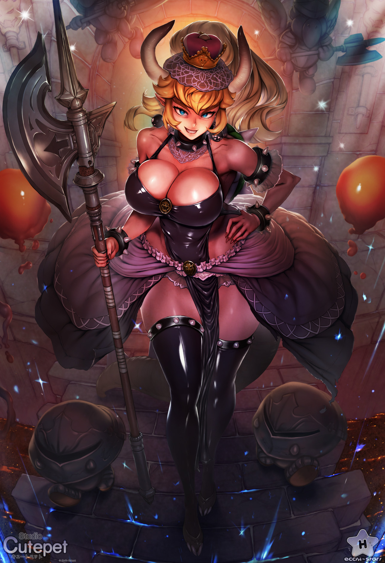 1girls, blonde hair, blue eyes, bowsette, cutepet, mario (series), nintendo, studiocutepet, super mario bros.