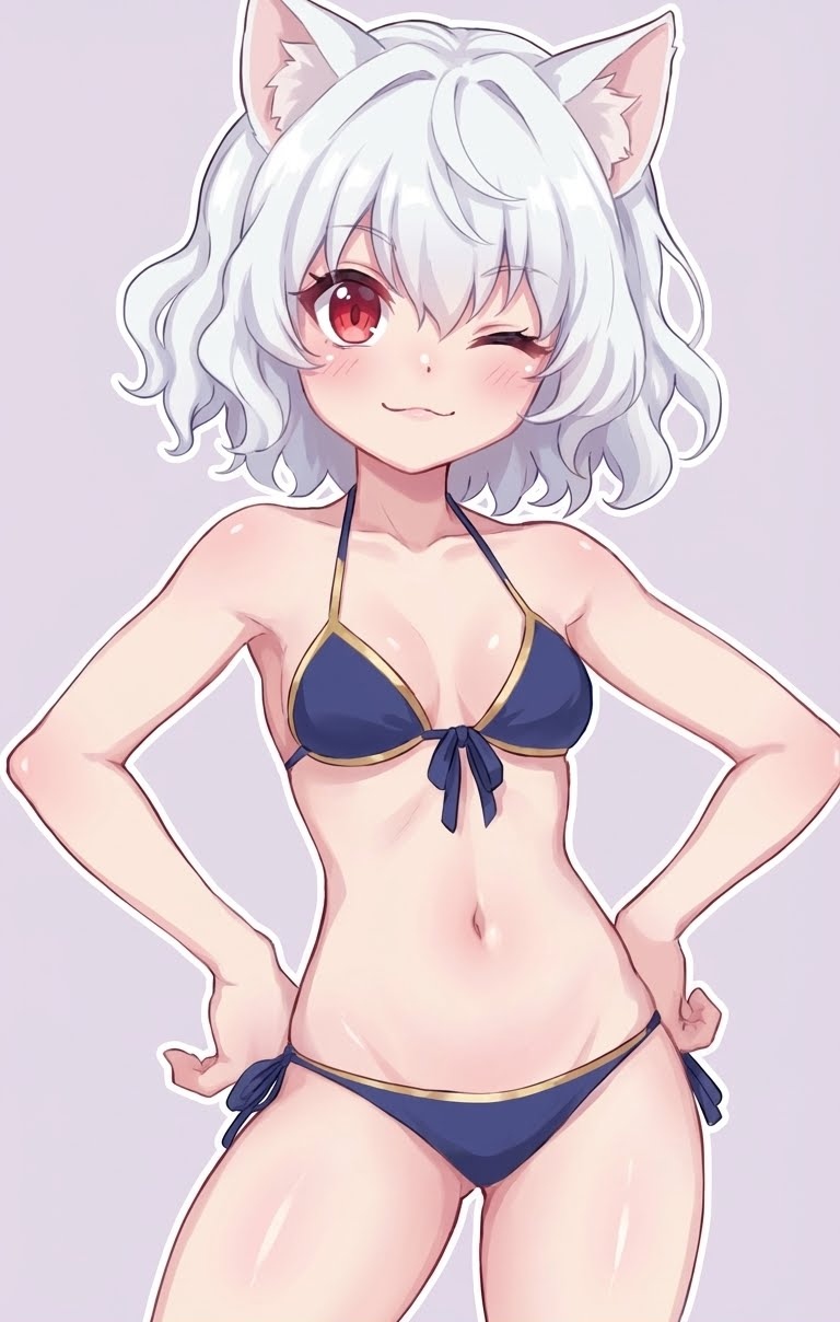1girls, beach, bikini, hunter x hunter, neferpitou, reloking, small breasts, solo, solo female, swimsuit