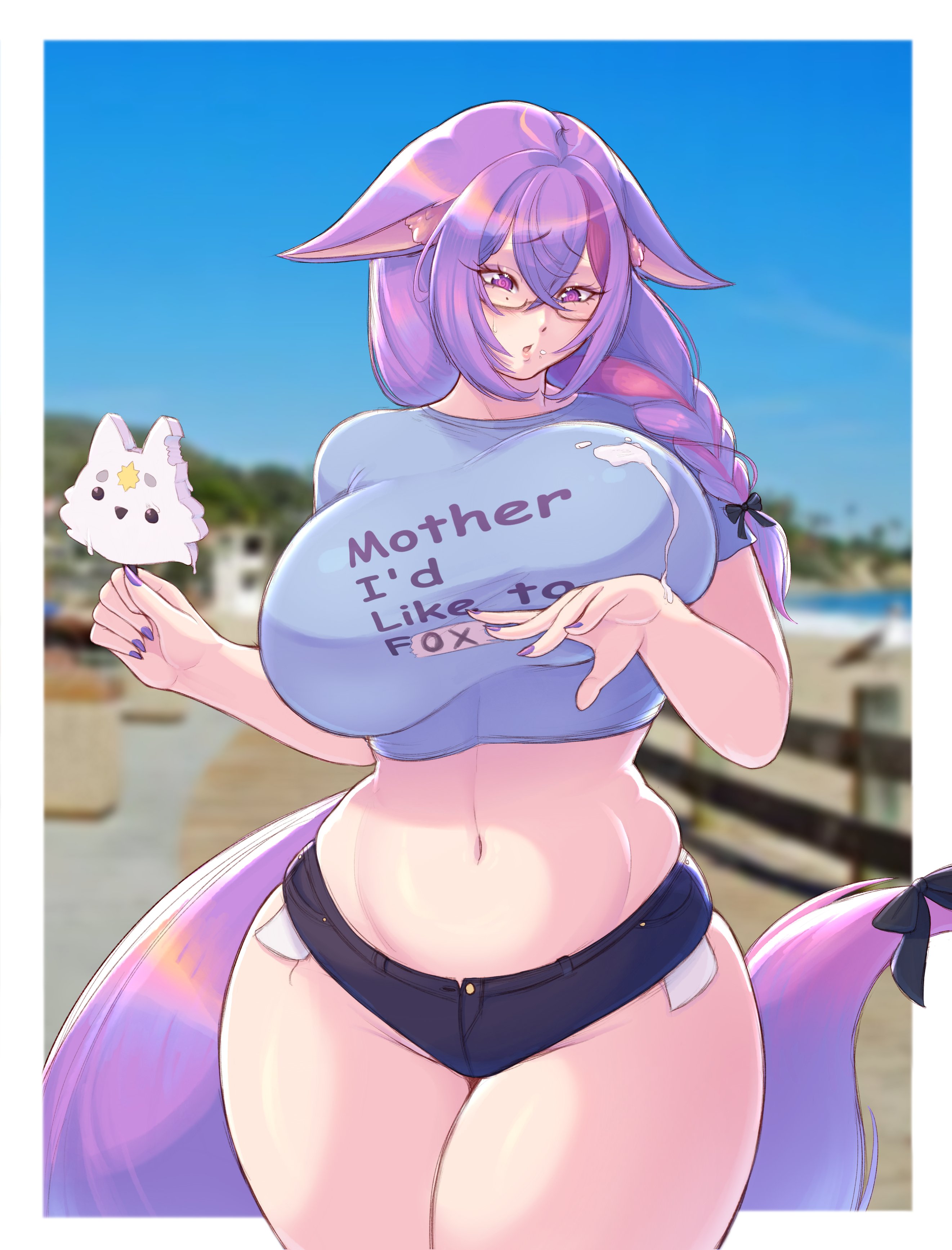 1girls, beach, big breasts, curvy, fox ears, fox girl, fox tail, frozenmullet, huge breasts, lea lumie, popsicle, purple eyes, purple hair, purple nails, purple tail, thick thighs, tight shirt, tummy, virtual youtuber
