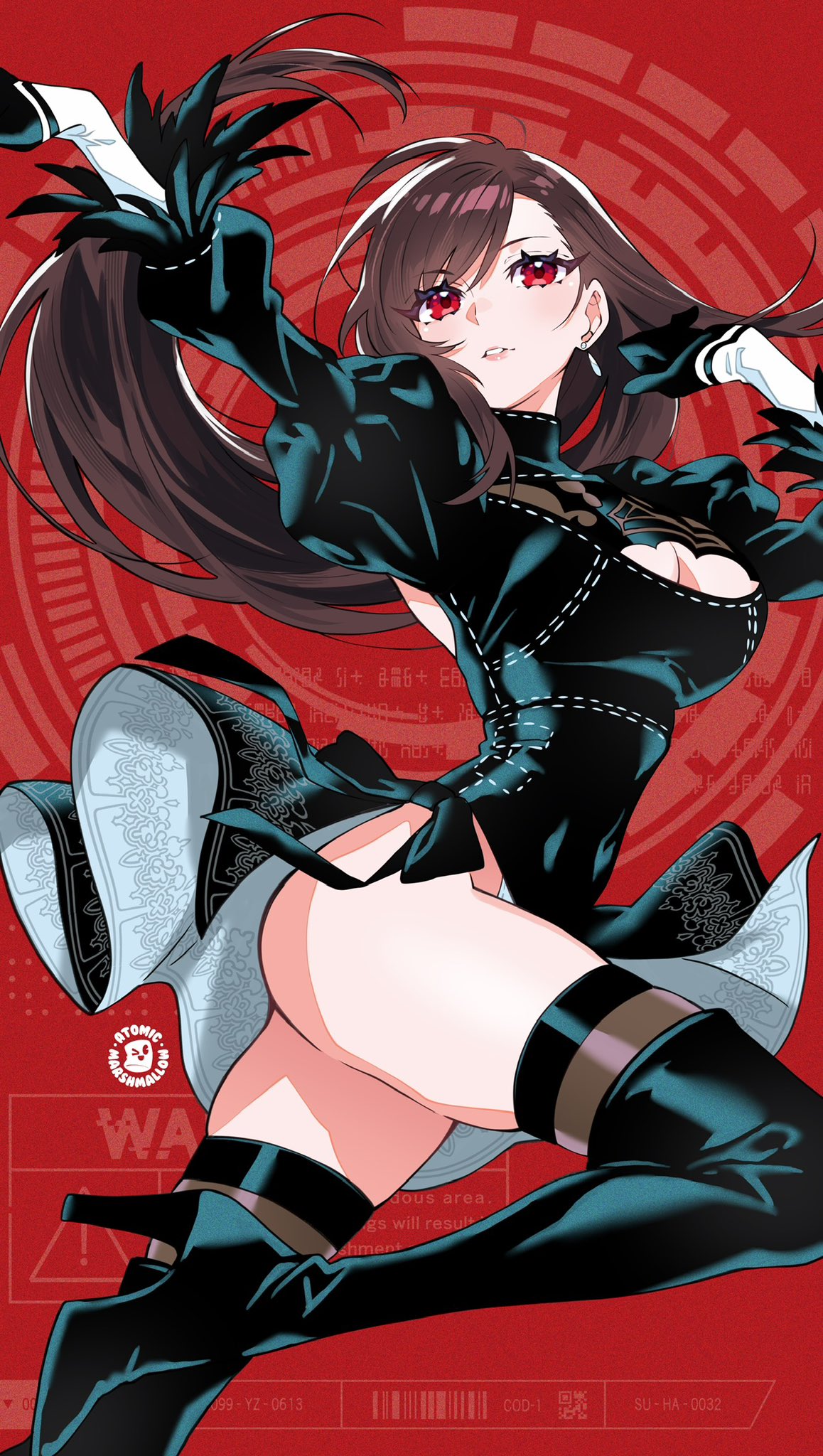 1girl, 1girls, arm up, ass, atomicmarshmallow, atomicmrshmallw, black boots, black dress, black gloves, black hair, black thighhighs, boots, breasts, brown eyes, cleavage, cleavage cutout, clothing cutout, commentary, company connection, cosplay, crossover cosplay, dress, earrings, english commentary, eyelashes, feather-trimmed sleeves, final fantasy, final fantasy vii, final fantasy vii remake, final fantasy vii: ever crisis, floating hair, foot out of frame, gloves, hair behind ear, hairband, high heel boots, high heels, highleg, highleg leotard, highres, jewelry, juliet sleeves, large breasts, leg up, leotard, leotard under clothes, light blush, lipgloss, long hair, long sleeves, looking at viewer, nier (series), nier: automata, no blindfold, no panties, official alternate costume, parted lips, pink lips, puffy sleeves, red background, red eyes, single earring, single sidelock, skirt, solo, swept bangs, thigh boots, thighhighs, thighhighs under boots, thighs, tifa lockhart, turtleneck, turtleneck dress, yorha 2b (cosplay)