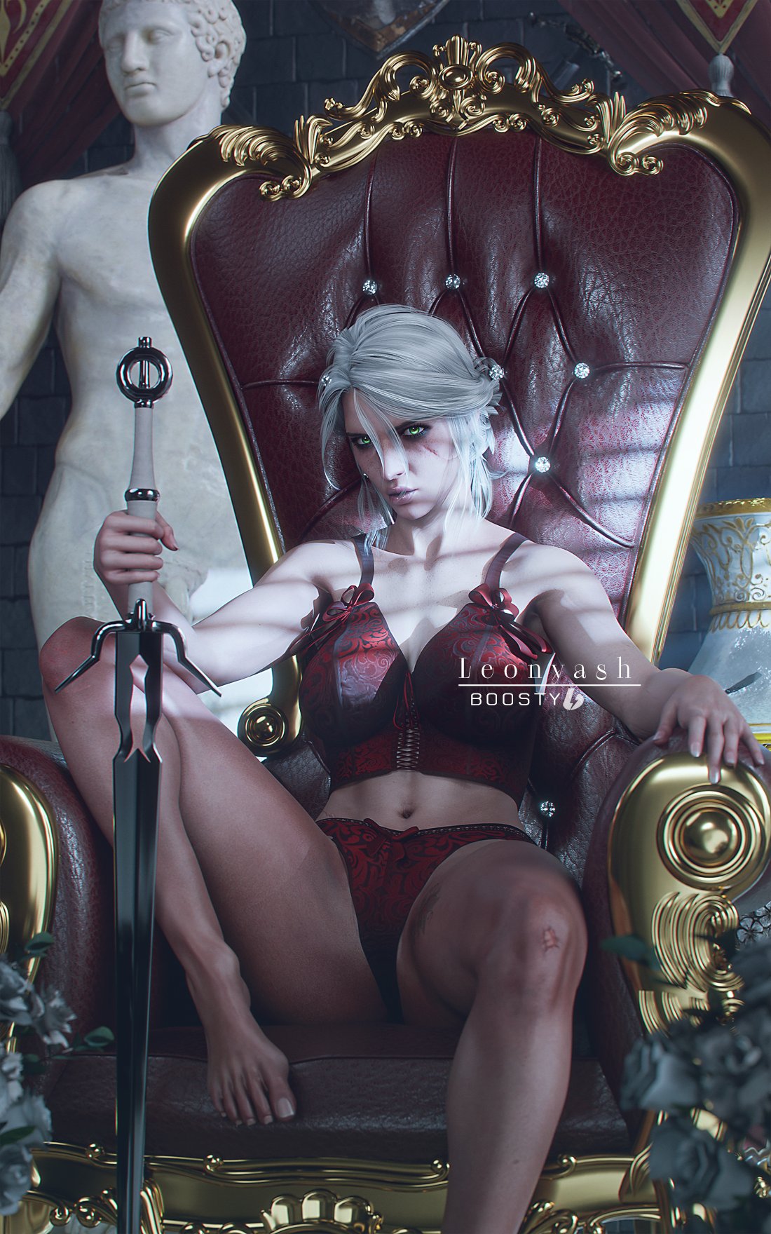3d, bra, breasts, cd projekt red, ciri, corset, female, freckles, green eyes, leonyash3d, light skin, light-skinned female, lingerie, looking at viewer, mascara, panties, scar, solo, solo female, spread legs, sword, tattoo, the witcher (series), the witcher 3: wild hunt, throne, underwear, watermark, white hair