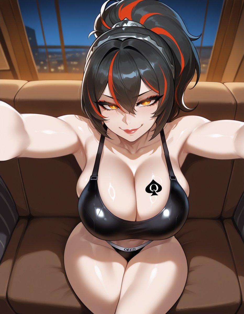 1girls, ai generated, big ass, big breasts, blacked, blacked clothing, looking at viewer, qos, qos tattoo, sillyhina, sport panties, sports bra, thick thighs, zenless zone zero, zhu yuan