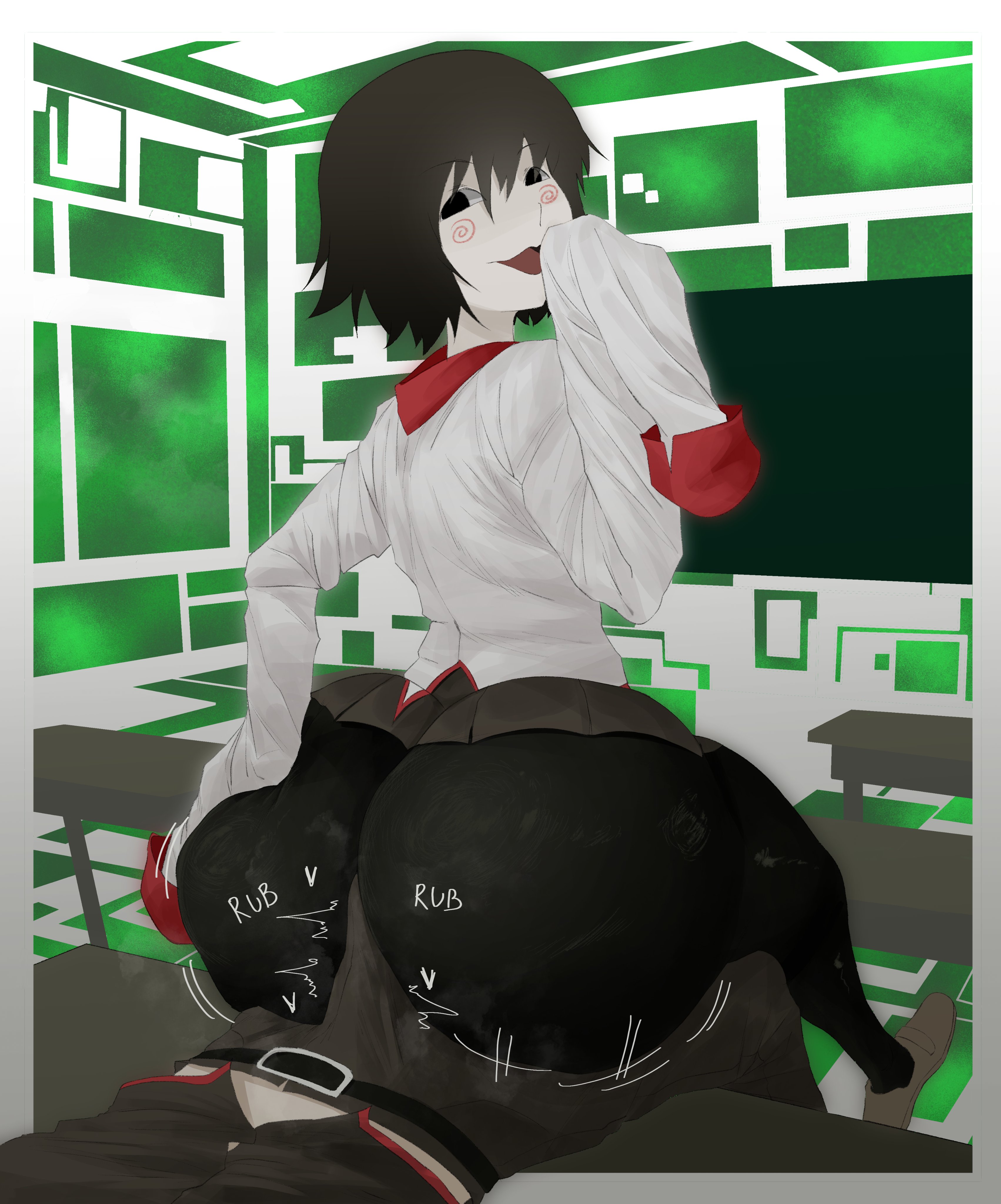 1boy, 1other, araragi koyomi, ass, ass bigger than head, ass focus, assjob, background, big ass, black eyes, black pantyhose, bob cut, buttjob, empty eyes, fat ass, gakuran, grabbing ass, grabbing own ass, grinding on penis, heart, huge ass, juliet sleeves, kyokeer, long sleeves, monogatari (series), oshino ougi, pantyhose, rubbing penis, school uniform, short hair, shortstack, skirt, smug, swirl pattern, thick ass, voluptuous