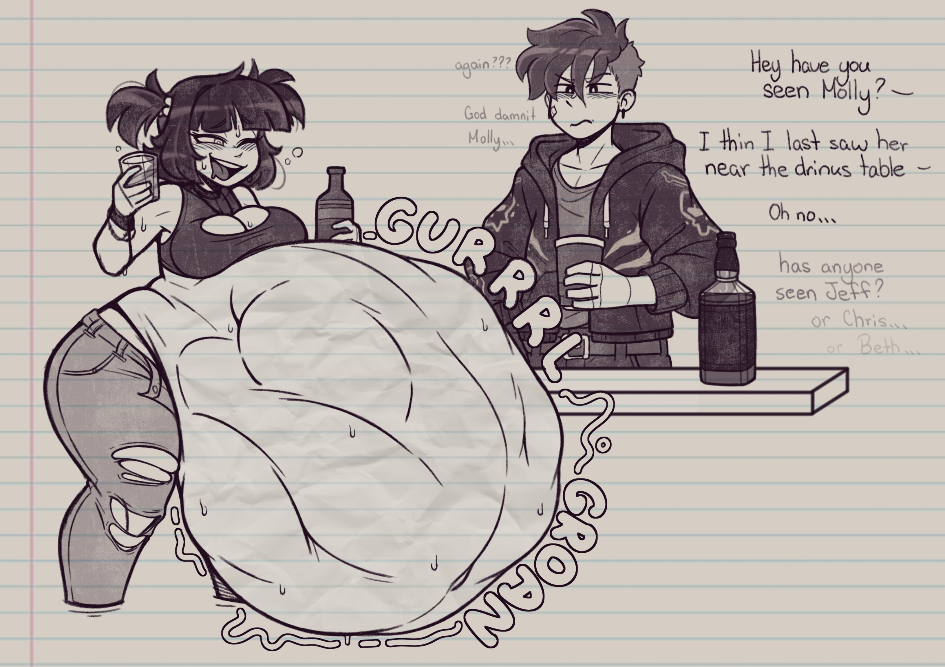 annoyed, aroused, ass, belly fetish, drinking, drunk, fat ass, flirting, hyper, hyper belly, liam (suddencube), molly (suddencube), prey outline, prey shaped bulge, same size vore, secretly loves it, struggling prey, suddencube (artist), vore, vore belly, wide hips