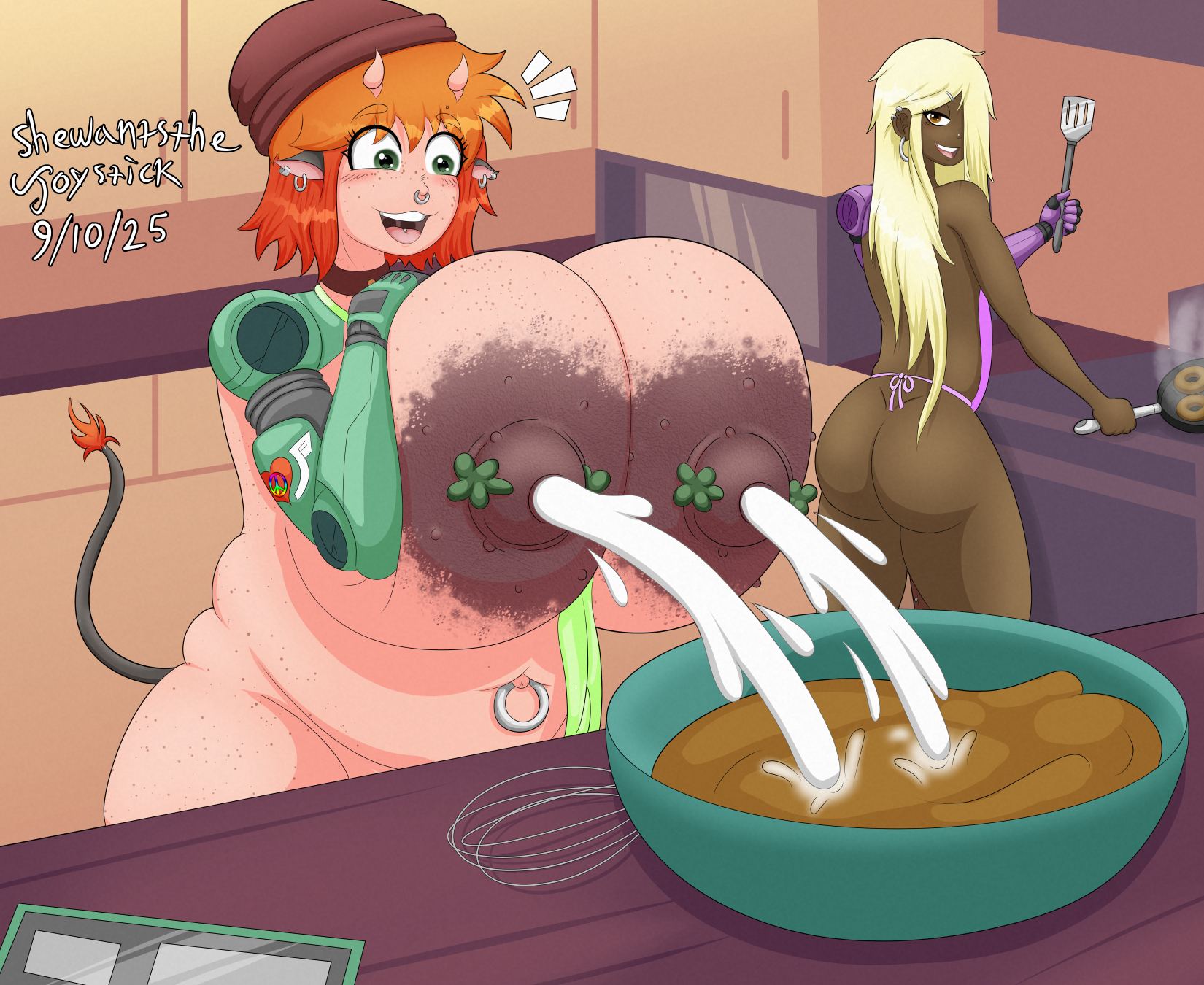 1boy, 1girls, areolar amelanism, areolar melanosis, artist name, baking, beanie, beanie hat, belly, big ass, big nipples, blonde hair, blonde-haired male, bluesky link, bottom heavy femboy, bowl, breastmilk, breasts, clover piercing, cooking, countertop, cow ears, cow girl, cow horns, cow tail, cowbell, cowbell collar, cybernetic arm, cybernetic limb, cybernetics, cyborg, dark skin, dark-skinned femboy, dark-skinned male, dated, dough, doughnut, duo, earrings, emanata, eyebrow piercing, eyebrows visible through hair, female, femboy, food made from breastmilk, freckles, frying pan, functionally nude, functionally nude female, furaffinity link, gigantic breasts, glands of montgomery, hand on breast, holding object, holding spatula, jared (shewantsthejoystick), kitchen, kitchen utensils, lactating, lactation, large areolae, long hair, looking at breasts, looking over shoulder, maeve (shewantsthejoystick), male, naked apron, navel, navel ring, newgrounds link, nipples, nose ring, open smile, orange hair, original character, piercing, septum piercing, shewantsthejoystick, smile, spatula, speech bubble, squeezing breast, tablet pc, thick thighs, two tone hair, watermark, whiskers
