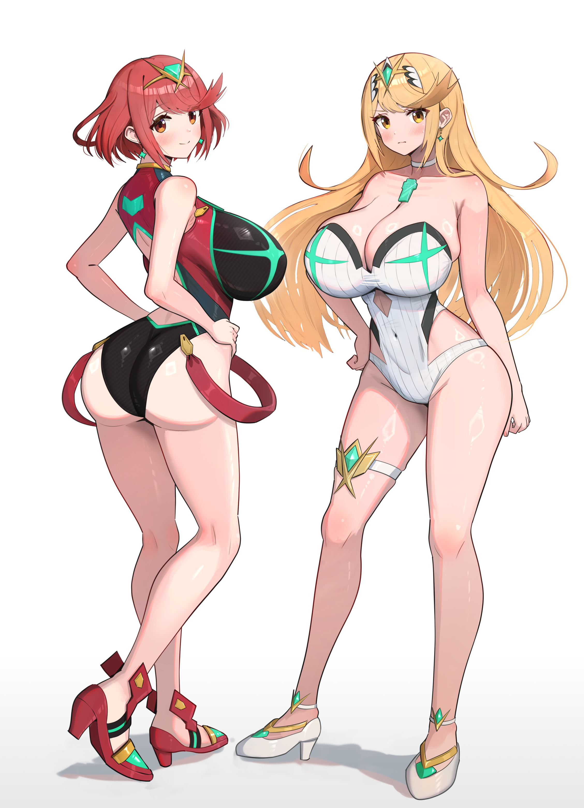 2girls, absurd res, alternate costume, ass, back view, black swimsuit, blonde hair, breasts, busty, choker, cleavage, curvy, earrings, female, female only, front view, gonzarez, hands on hips, heels, highres, large breasts, long hair, looking at viewer, milf, monolith soft, mythra, mythra (radiant beach) (xenoblade), nintendo, official alternate costume, one-piece swimsuit, pyra, pyra (pro swimmer) (xenoblade), red eyes, red hair, short hair, slim waist, smile, swimsuit, thick thighs, thigh strap, thighs, voluptuous, white swimsuit, wide hips, xenoblade (series), xenoblade chronicles 2, yellow eyes