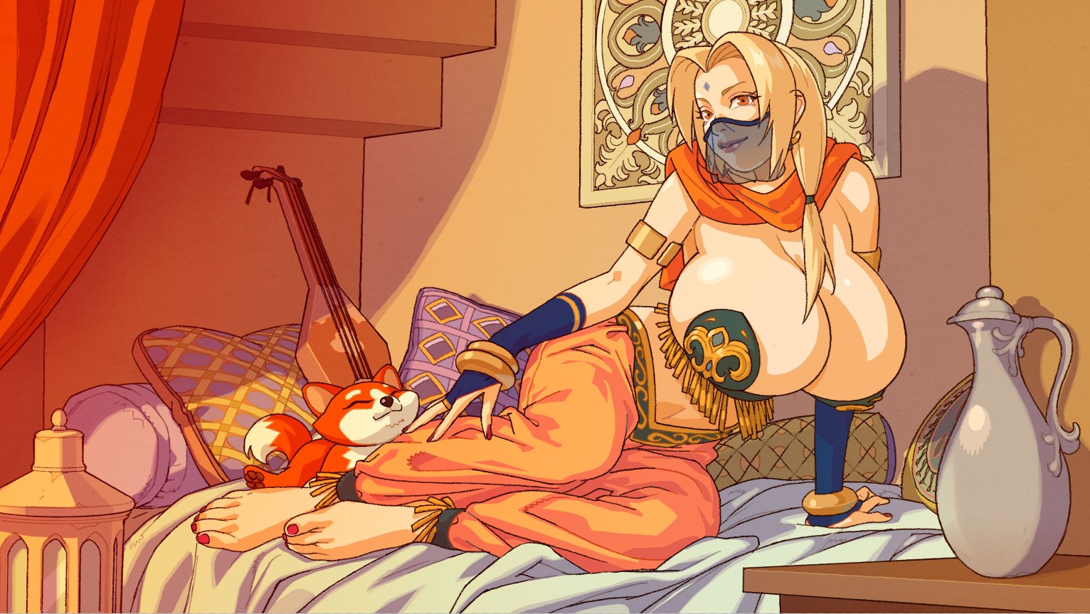 bed, belly dancer outfit, big breasts, female, fox, huge breasts, kroke drilo, male, mask, naruto, naruto (series), smile, tsunade