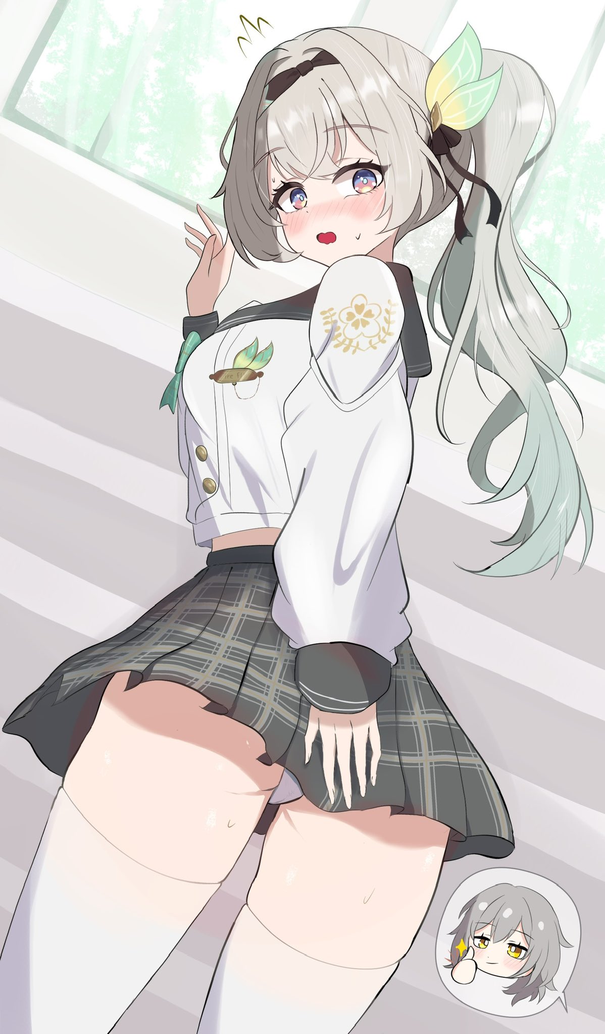 firefly (honkai: star rail), firefly (spring missive) (honkai: star rail), honkai: star rail, hoyoverse, long hair, mihoyo, multicolored eyes, multicolored hair, panties, pantyshot, ponytail, school uniform, schoolgirl, thighhighs, upskirt, white panties, white thighhighs