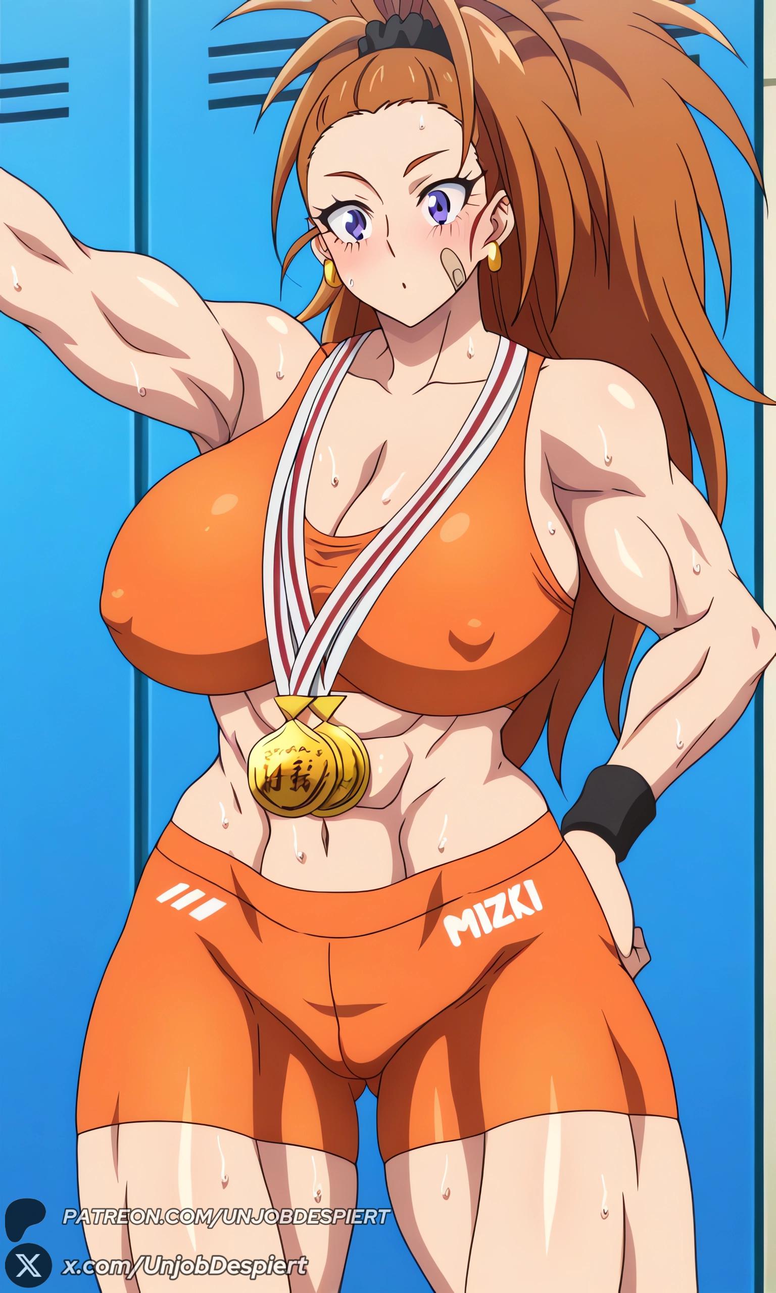 1female, 1girls, 2025, abs, ai generated, artist name, bandaid, bandaid on cheek, bandaid on face, big ass, big breasts, blush, breasts, brown hair, captain mizuki, cleavage, covered nipples, curvy, earrings, female, female only, hand on hip, hi res, high ponytail, high quality, high resolution, highres, huge ass, huge breasts, jewelry, large breasts, locker, long hair, looking at viewer, medal, muscular, muscular female, navel, one-punch man, patreon, patreon username, ponytail, purple eyes, scrunchie, shorts, solo, sports bra, sportswear, sweat, thighs, unjobdespiert, watermark