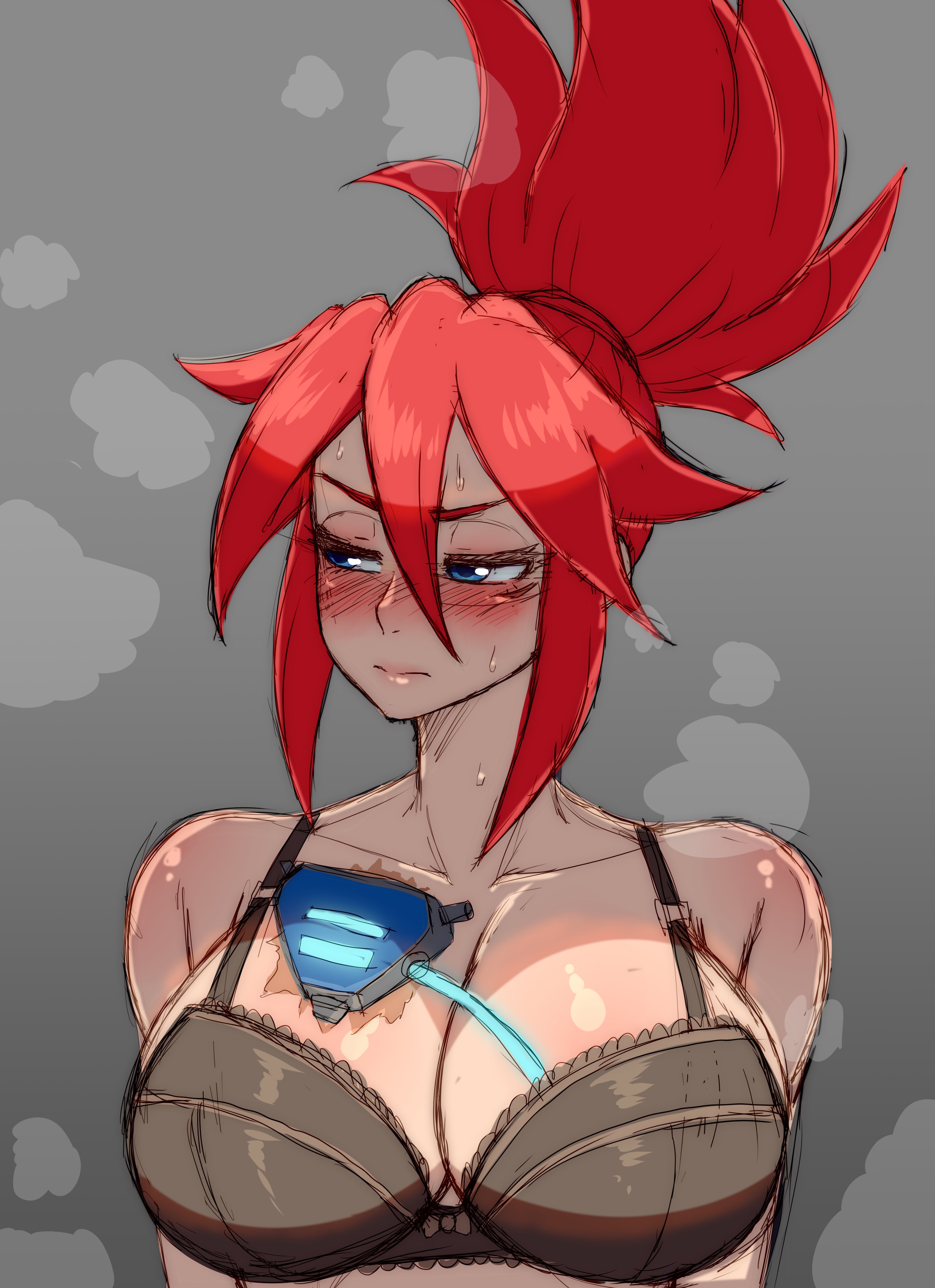 1girls, 2023, big breasts, black bra, blue eyes, blush, bra, breasts, cybernetics, gradient background, grey background, hi-fi rush, korsica, lace trim, looking away, pensive, red hair, scar, simmsy, steam, sweat, tied hair