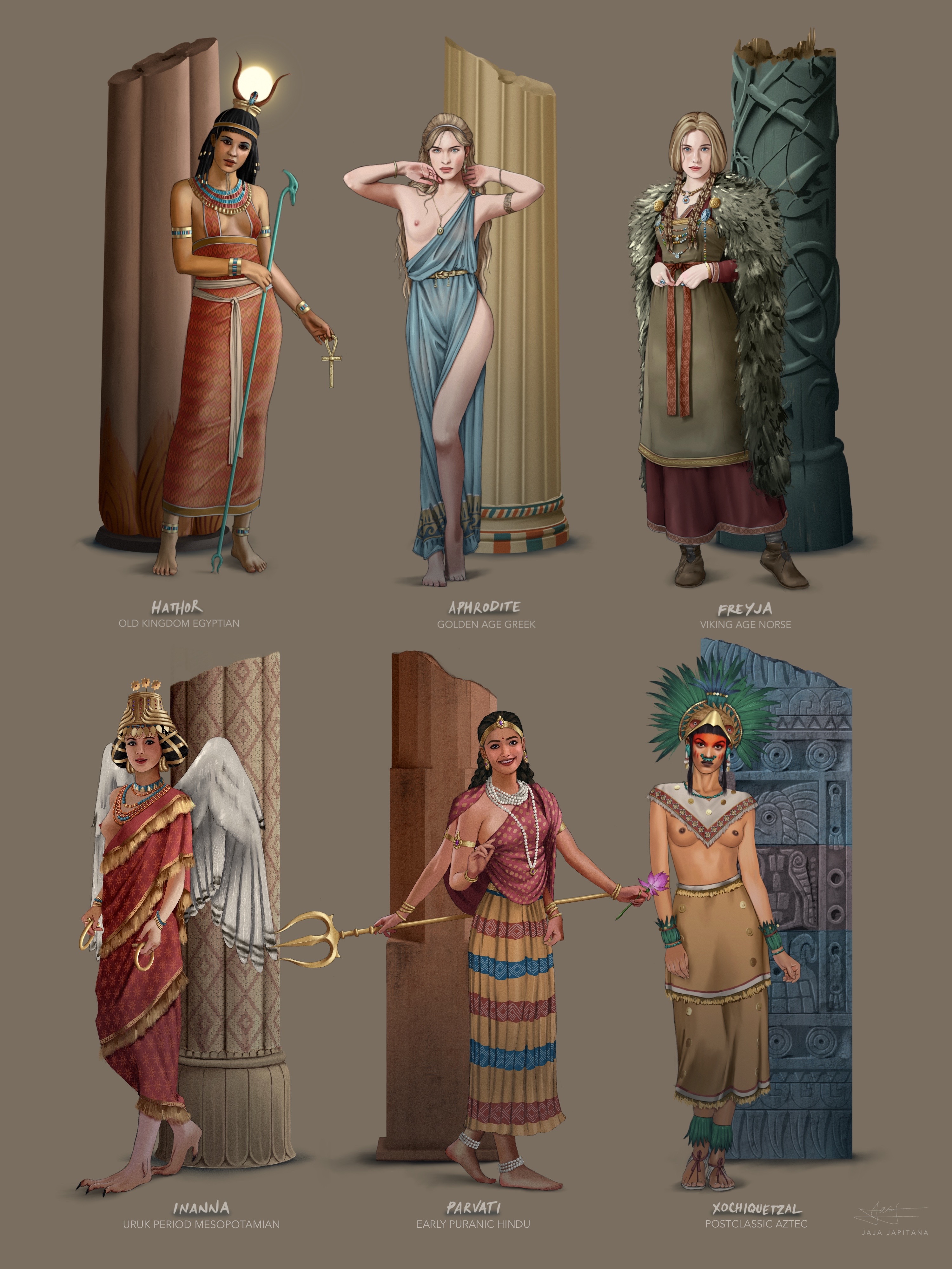 aphrodite (greek mythology), artistic nude, artistic nudity, aztec mythology, breasts, breasts out, deity, diverse harem, diversity, egyptian, egyptian female, egyptian mythology, european female, european mythology, freya (norse mythology), freyja, freyja (norse mythology), greek, greek female, greek mythology, half-dressed, hathor (egyptian mythology), hindu mythology, hinduism, indian, indian female, ishtar (mesopotamian mythology), mesopotamian mythology, mexican, mexican female, middle eastern, middle eastern female, monster girl, multiple arms, mythology, mythology rarepair, national personification, no artist, no source, norse mythology, parvati (hinduism), public domain, religion, wings, xochiquetzal