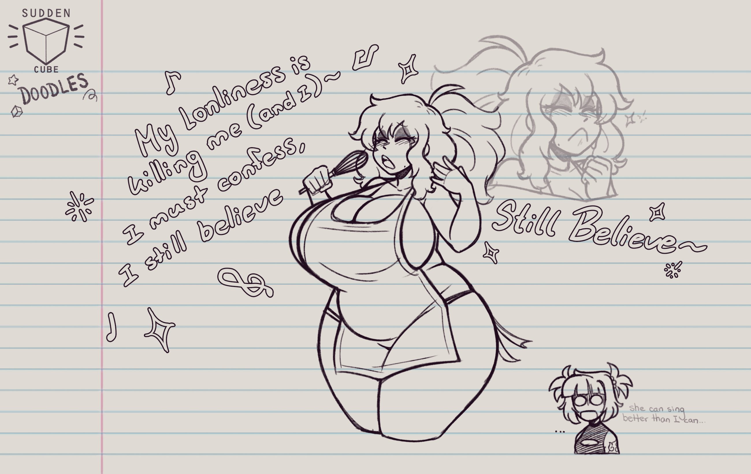 apron, apron only, big ass, big breasts, karaoke, milf, molly (suddencube), mother, mother and daughter, roxanne (suddencube), singing, suddencube (artist), surprised, surprised expression, wide hips
