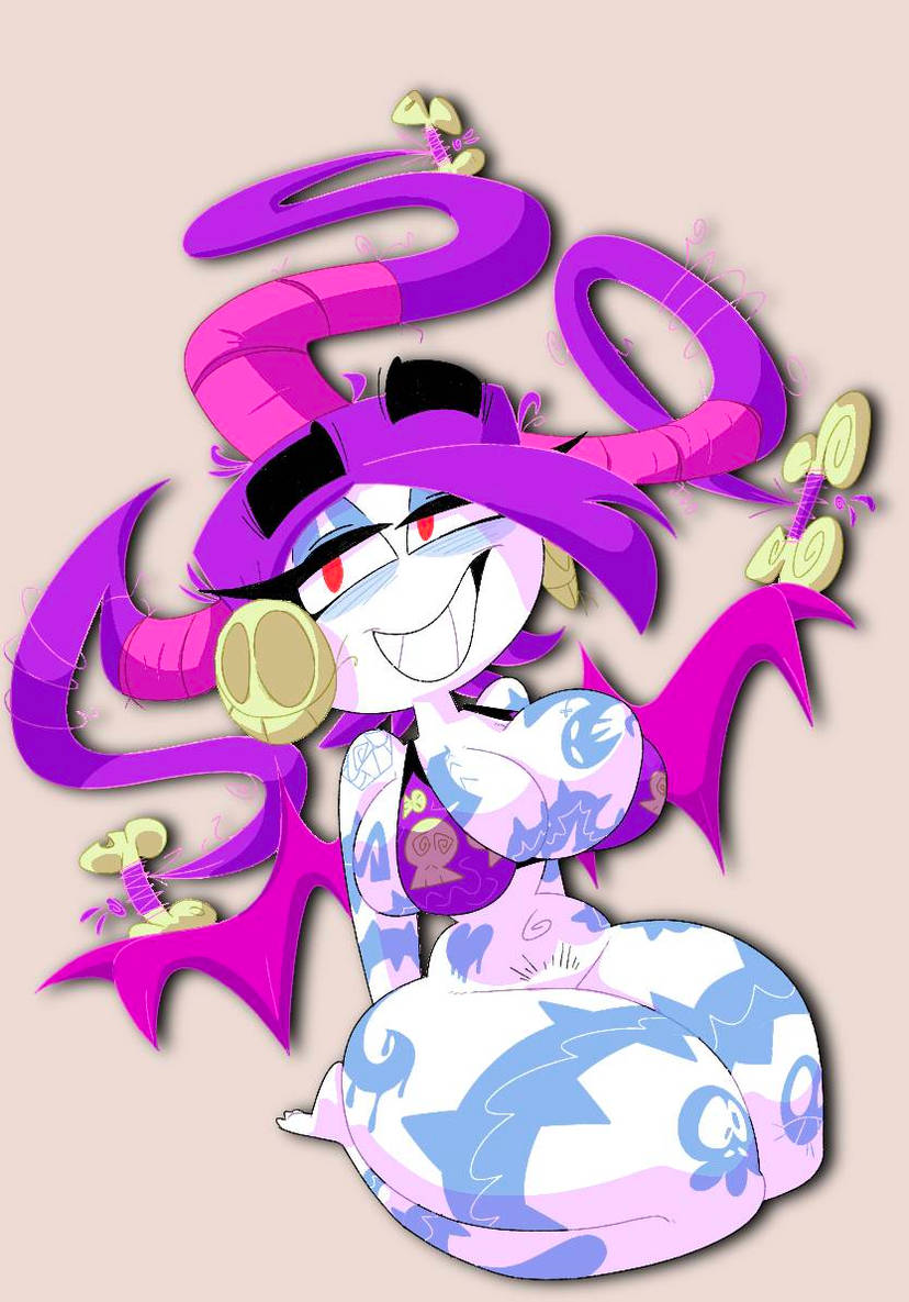 bare shoulders, bikini, bikini top, cleavage, earrings, female, female only, gheyblin, headgear, kneeling, large breasts, no panties, nymph (rayman), pale skin, purple hair, rayman (series), rayman origins, red eyes, skull, smile, tagme, tattoo, tattoos, thick thighs, voluptuous, voodoo mama (rayman), wide hips, wings