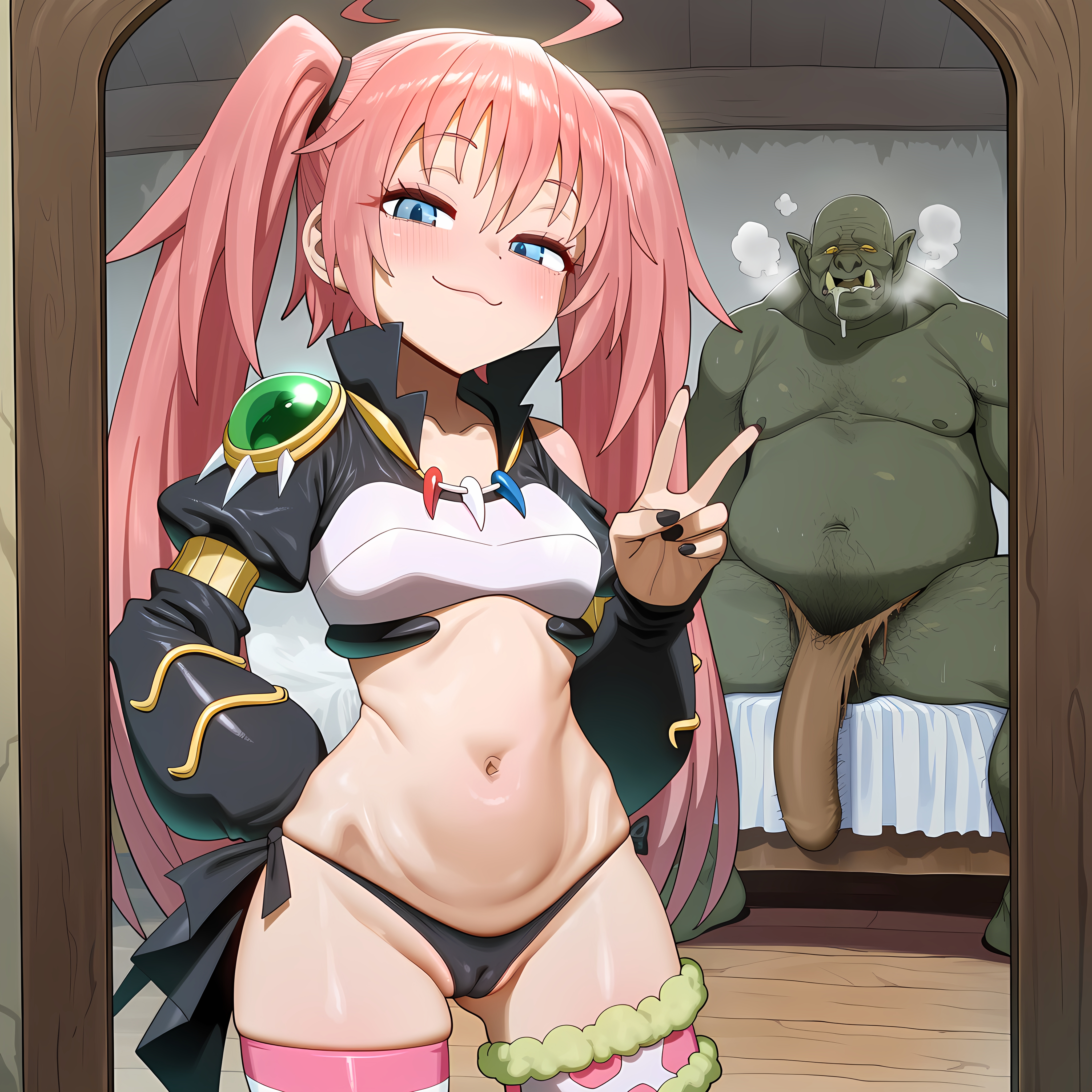 1boy, 1girls, ai generated, belly button, blue eyes, blush, blush lines, bulge, bulge through clothing, cameltoe, clothed, clothed female, clothing, drooling, fat, fat male, female, front view, green skin, hentai4life , imminent penetration, imminent sex, legs apart, light skin, light-skinned female, looking at viewer, male, milim nava, navel, novelai, orc, orc male, pale skin, pale-skinned female, peace sign, penis bulge, pink hair, pubic hair, sitting, smile, spread legs, standing, teeth, tensei shitara slime datta ken, twintails, upscaled