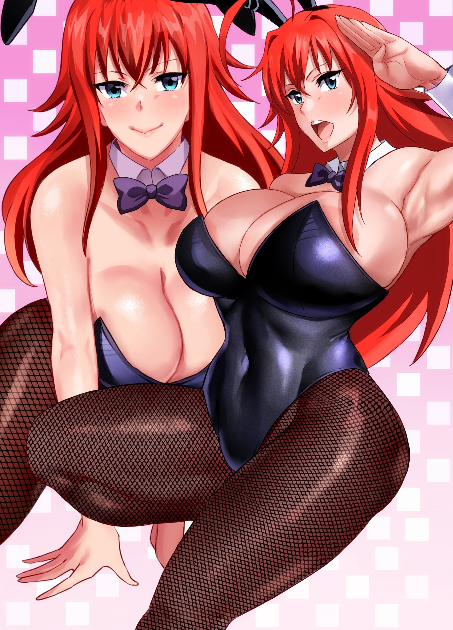 absurdres, ahoge, animal ears, areola slip, armpits, ass, ass visible through thighs, bare shoulders, big breasts, black leotard, blue eyes, bowtie, breasts, cleavage, closed mouth, detached collar, fake animal ears, female, female only, fishnet pantyhose, fishnets, from side, haikawa hemlen, hair between eyes, high school dxd, highres, huge breasts, knee up, large areolae, leotard, long hair, looking at viewer, multiple views, open mouth, paid reward available, pantyhose, pink background, red hair, rias gremory, smile, spread legs, two-tone background, very long hair