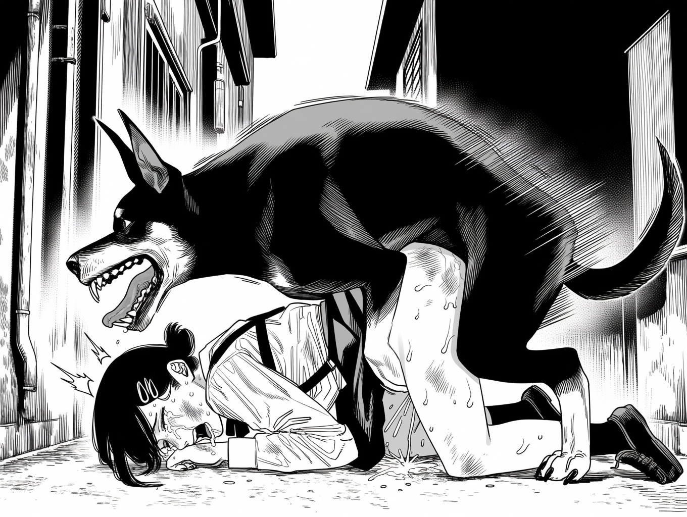 1girl, 2026, 2d, ai generated, ai-generated, all fours, alley sex, alleyway, bestiality, black and white, canine, canine on human, chainsaw man, clothed sex, crying, crying female, crying while penetrated, dog, doggy style, doggystyle, domestic dog, dominant feral, female on feral, femsub, feral, feral dominating human, feral male, feral on female, feral on human, feral penetrating, feral penetrating human, feral raping human, forced, forced sex, goonsquad, higashiyama kobeni, human, human female, human on feral, human penetrated, interspecies, monochrome, ponytail, public exposure, public rape, public sex, rape, sex, sex from behind, short ponytail, submissive human, zoophilia