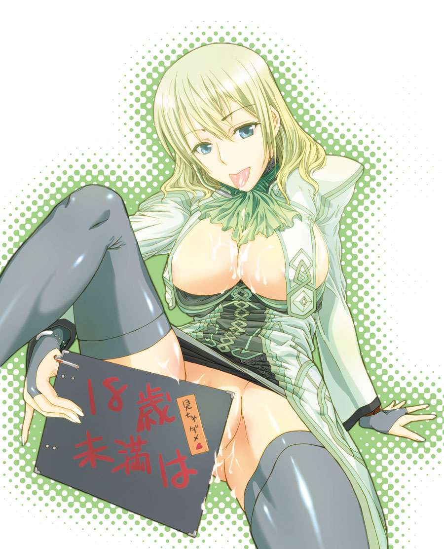 blue_eyes border_break breasts cleavage clipboard cum fiona_(border_break) sitting thighhighs tongue