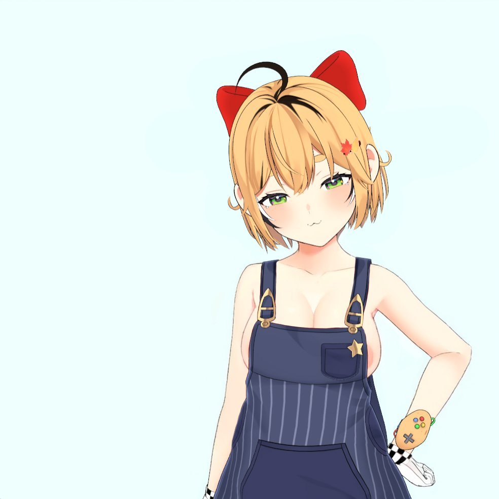 :3 areolae blonde_hair bow dooby3d edit gloves hand_on_hip indie_virtual_youtuber jerboa jerboa_humanoid large_breasts miandodi naked_overalls naked_under_clothes plain_background virtual_youtuber