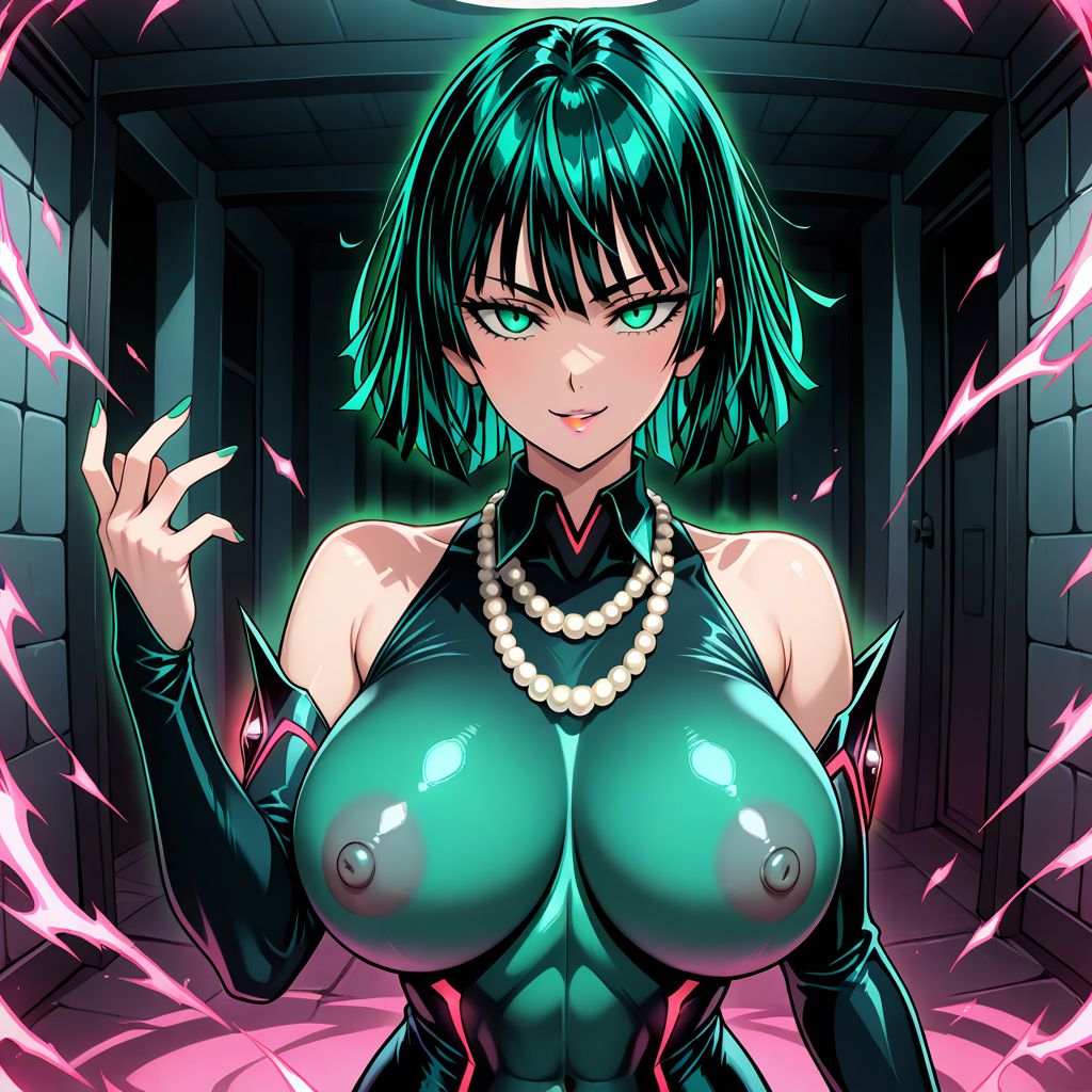 ai_generated brainwashed brainwashing collar corrupted corruption dark_aura dark_persona enemy_conversion evil_grin evil_smile fubuki_(one-punch_man) green_hair happy_sub happy_trance hypnosis long_dress long_sleeves mind_control one-punch_man pearl_necklace pixai tagme