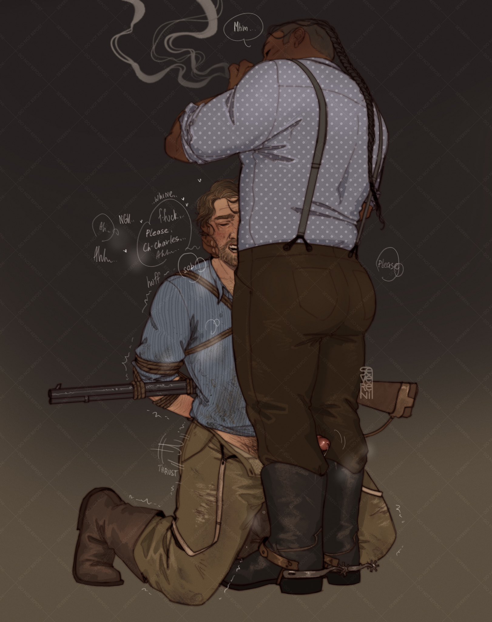 2boys, afro-native, afro-native male, arm hair, arthur morgan, ass, beard, beard stubble, beefy, begging, big ass, blacked male, blush, body hair, bondage, charles smith, cigarette, cigarette in mouth, closed eyes, cock, color, cum, dark skin, dark-skinned male, dick, distracted, dom/sub, dominant male, embrace, english text, facial hair, fully clothed male, gay, hands tied, holding, holding head, human, human on human, humping, humping leg, interracial, legs apart, legs spread, legs together, light skin, light-skinned male, male, male only, male/male, moaning, moaning in pleasure, muscular, muscular male, native american, native american male, needy, penis, plump ass, pubic hair, red dead redemption (series), red dead redemption 2, rope, rope bondage, severeni, smoking, spurs, submissive male, thick thighs, thigh sex, unimpressed, uninterested, yaoi