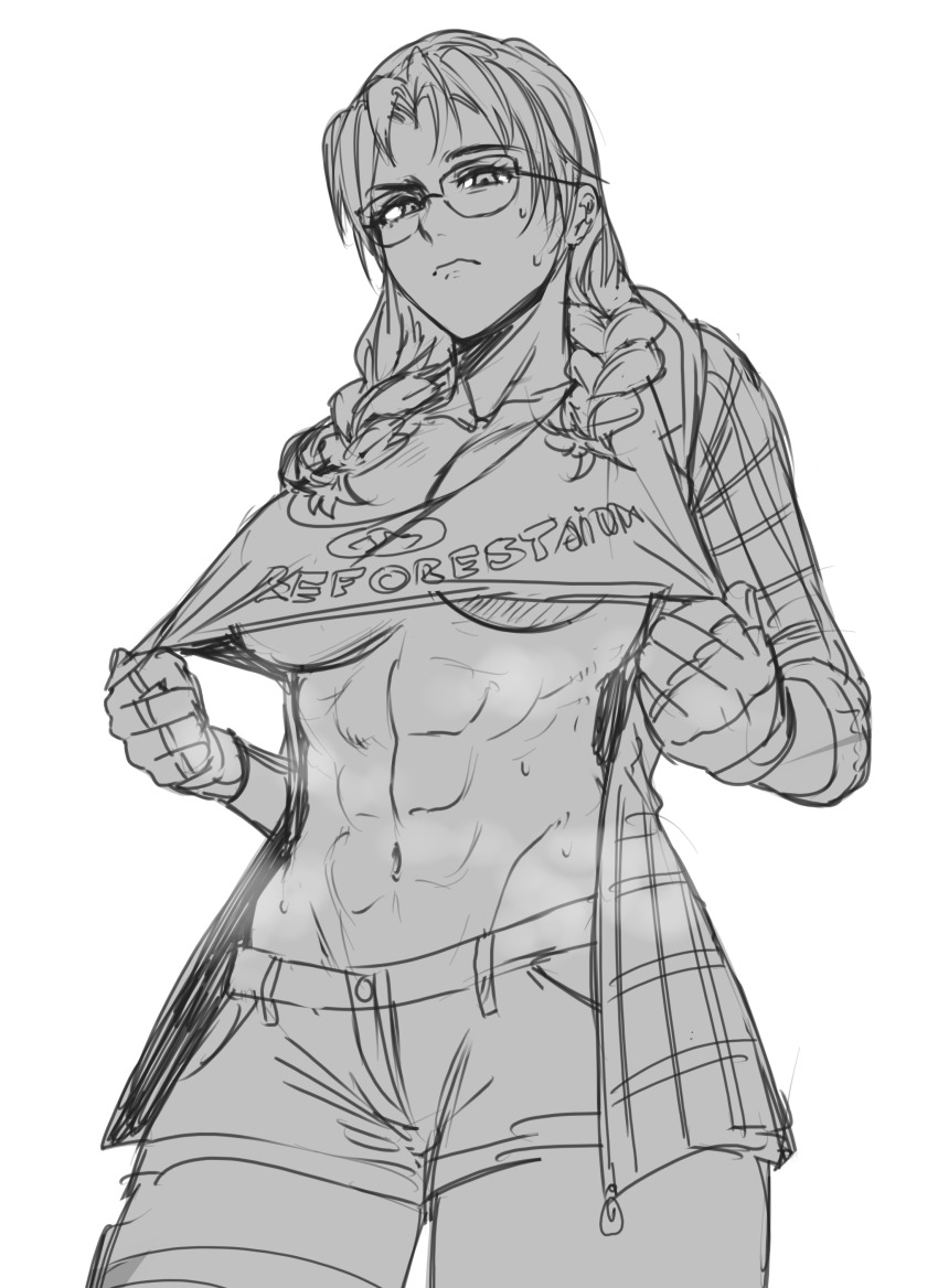 1girls abs athletic_female braid denim denim_shorts female female_abs fit_female glasses gloves greyscale hanny_(uirusu_chan) julia_chang large_breasts monochrome namco shorts steaming_body sweat tekken tekken_7 tekken_tag_tournament_2 underboob