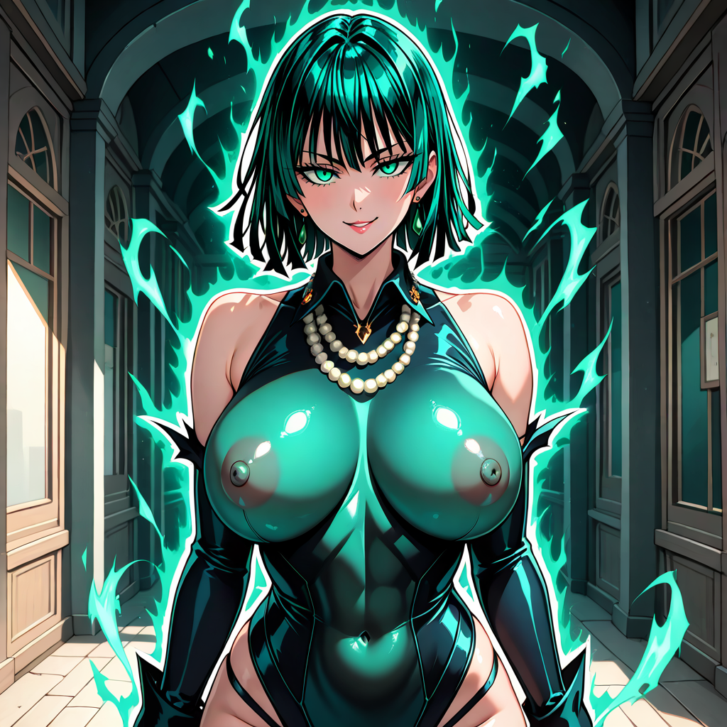 ai_generated brainwashed brainwashing collar corrupted corruption dark_aura dark_persona enemy_conversion evil_grin evil_smile fubuki_(one-punch_man) green_hair happy_sub happy_trance hypnosis long_dress long_sleeves mind_control necklaces one-punch_man pearl_necklace pixai tagme