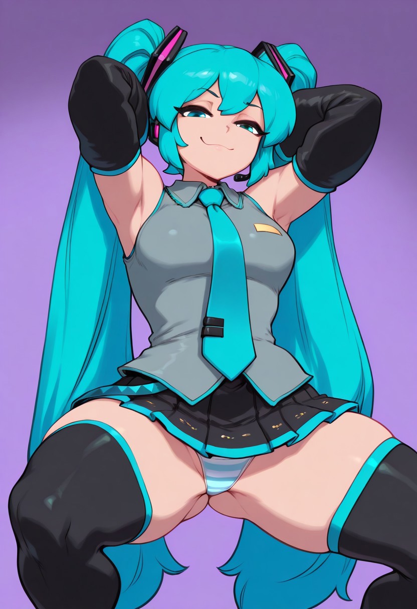 1girls 2d ai_generated armpits arms_behind_head bare_shoulders blue_eyes blue_hair breasts civitai clothed clothed_female cyan_eyes cyan_hair detached_sleeves exposed_panties female hands_behind_head hatsune_miku headset legs_apart long_hair looking_at_viewer low-angle_view necktie panties self_upload simple_background skirt slave_handles smug smug_face solo spread_legs spreading squatting striped_panties thick_thighs thighhighs thighs twintails vest vocaloid