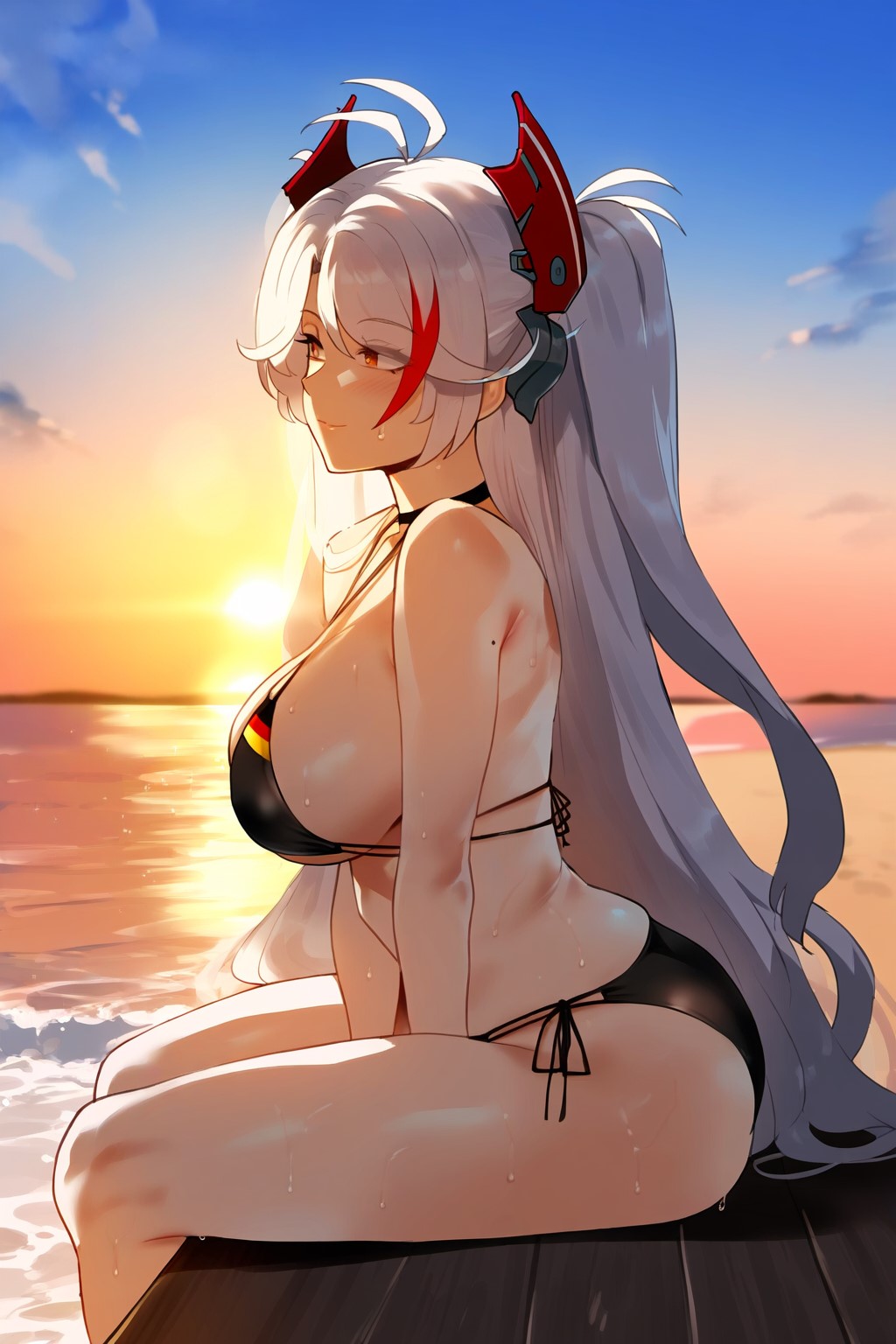 1girls ai_generated azur_lane beach big_breasts bikini breasts female female_focus huge_breasts large_breasts light-skinned_female prinz_eugen_(azur_lane) prinz_eugen_(unfading_smile)_(azur_lane) smiling sunset thick_thighs thighs twintails white_hair yellow_eyes