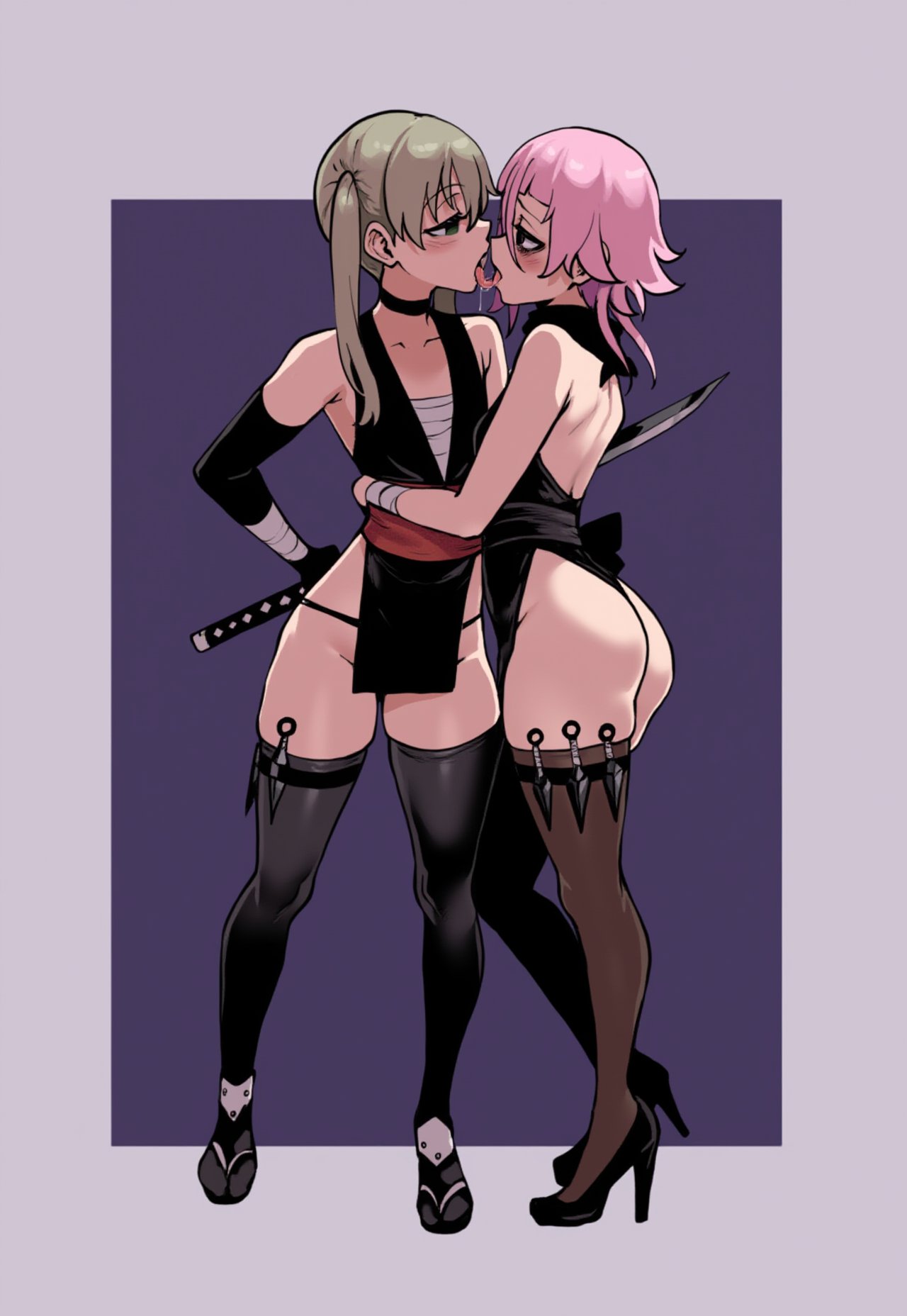 1boy1girl ai_generated arms_around_waist blushing_at_partner choker color crona_(soul_eater) drool_string fat_ass femboy french_kissing g-string green_eyes heels hi_res katana kunai looking_at_partner maka_albarn ninja_outfit osyasenpai pink_hair sandals scarf shounen_jump soul_eater thick_thighs thigh_gap thighhighs twintails twitter viz_media