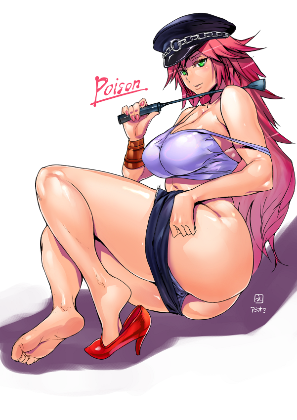 ashiomi_masato ass bare_legs barefoot big_breasts big_thighs blush breasts capcom cleavage dat_ass feet female female_only final_fight green_eyes hat high_heels human lying nail_polish peaked_cap pink_hair poison_(final_fight) pose presenting presenting_feet presenting_hindquarters shoes_removed shorts shorts_pull simple_background soles solo strap_slip street_fighter tank_top thick_thighs toes very_long_hair whip wide_hips wristband