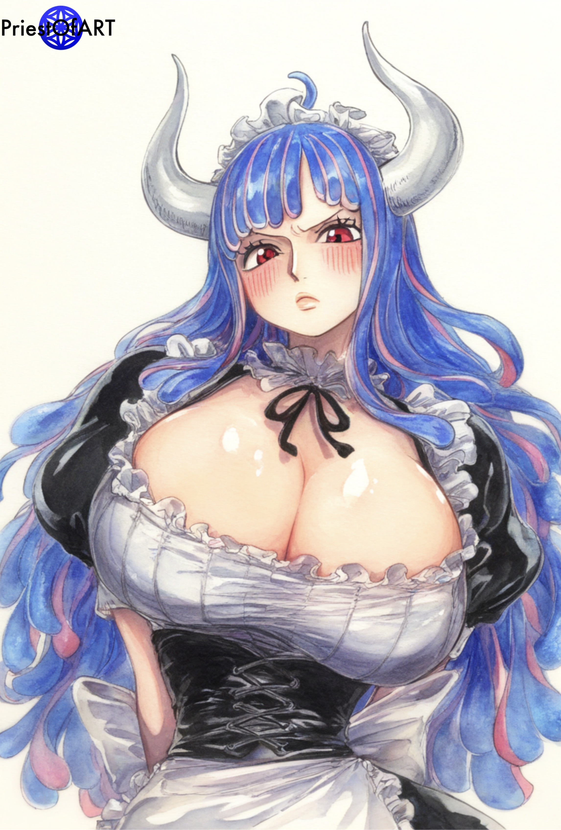 1girls, ai generated, areola slip, big breasts, blue eyes, blush, breasts, clothing, female, female focus, female only, horn, huge breasts, large breasts, maid, maid outfit, maid uniform, multicolored hair, one piece, pink eyes, priestofart, simple background, solo, solo female, solo focus, tagme, tagme (artist), tagme (character), ulti (one piece), upper body, white background