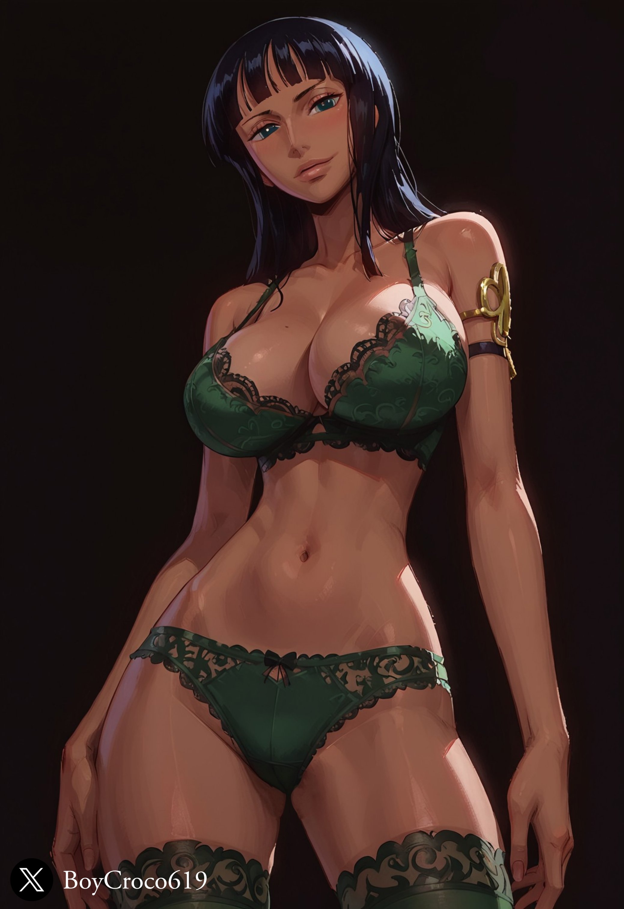 1girls, ai generated, bangs, big breasts, black hair, boycroco619, breasts, clothing, female, female only, lingerie, nico robin, one piece, stockings, tan body