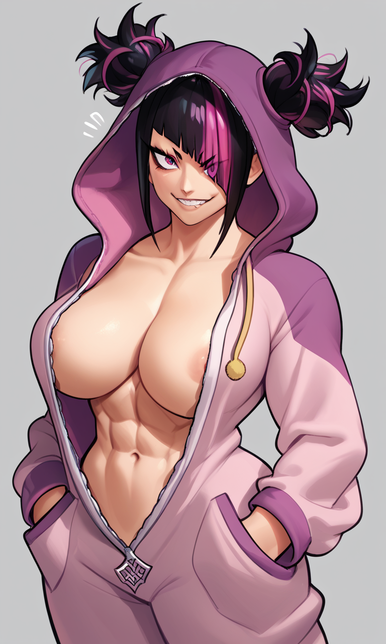 1girls abs ai_generated alternate_costume alternate_outfit black_hair breasts breasts_out capcom huge_breasts juri_han kosine1777 muscular_female onesie open_clothes open_onesie open_pajamas pajamas pink_onesie street_fighter street_fighter_6 sweat sweaty sweaty_body toned toned_female twintails