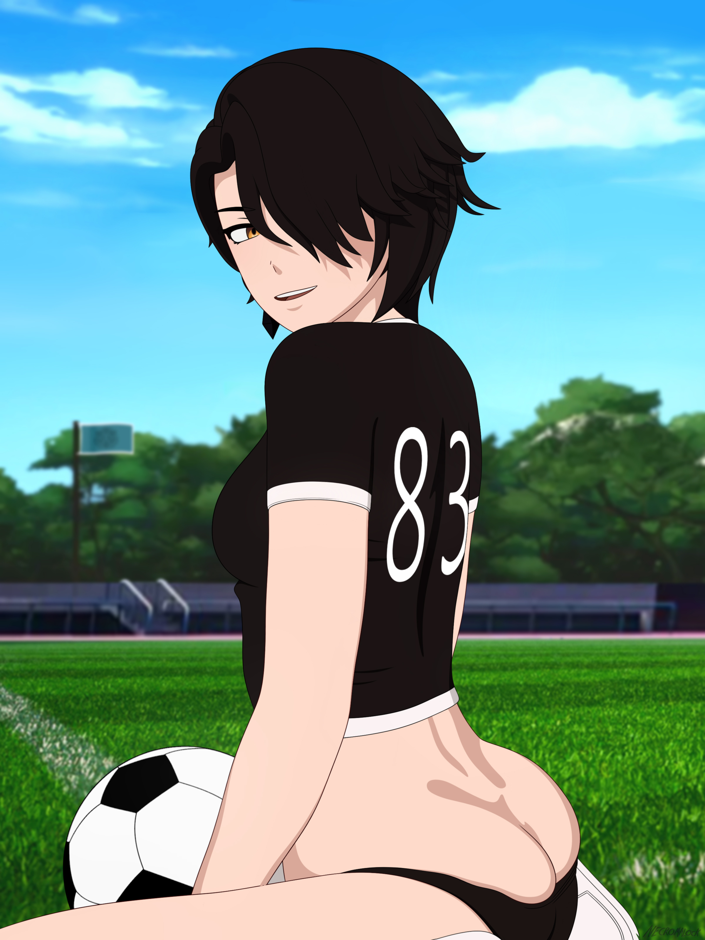 1girls, accurate art style, amber eyes, ass, ass cleavage, ass crack, ass focus, black hair, black hair female, butt cleavage, butt crack, cinder fall, female, grass field, necromalock, no panties, number, number on clothing, rwby, soccer ball, soccer uniform, solo female, sports field