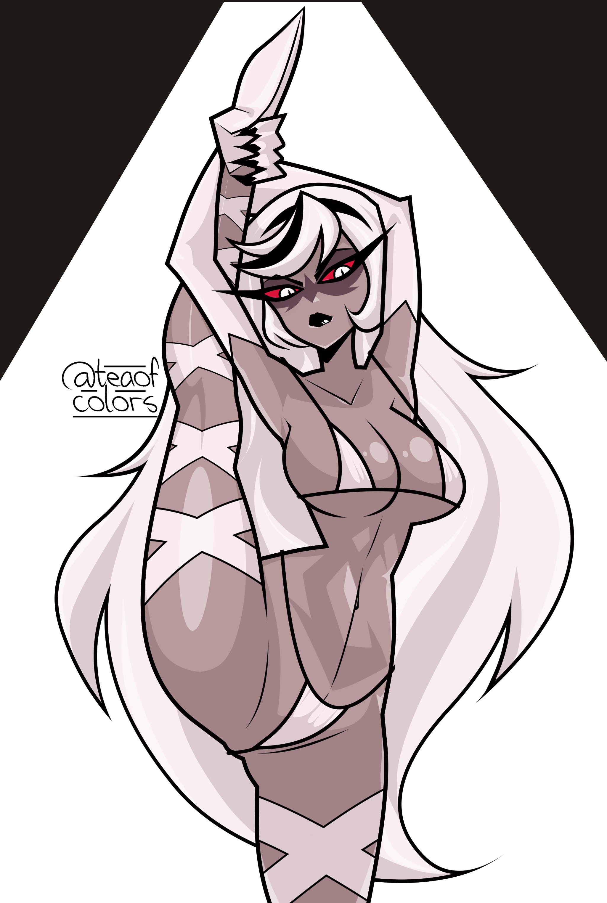 big breasts, bikini, breasts, carmilla carmine, dancing, demon, demon girl, female, gloves, grabbing leg, hazbin hotel, legs, milf, serious look, teaofcolors, white bikini