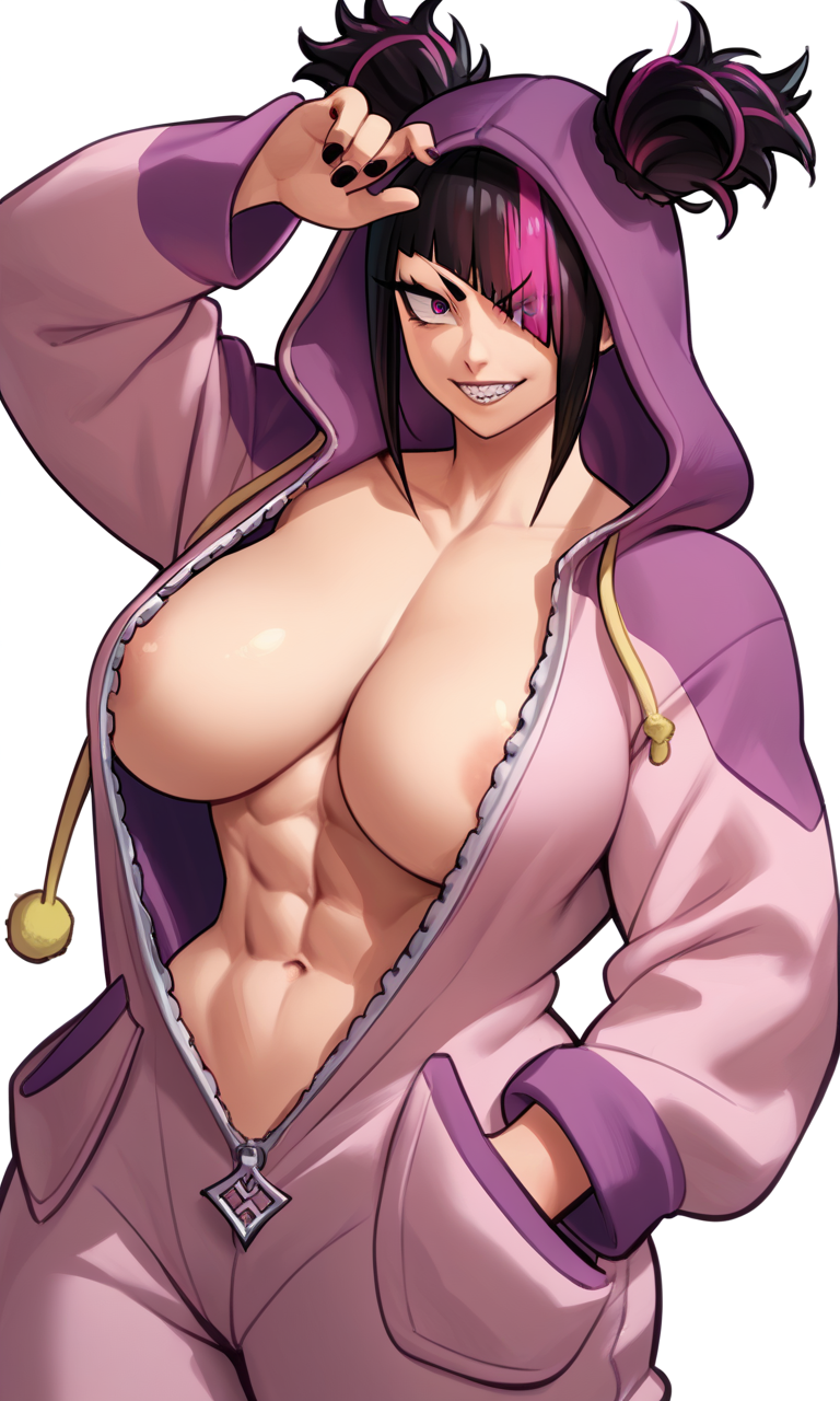 1girls abs ai_generated alternate_costume alternate_outfit black_hair breasts breasts_out capcom huge_breasts juri_han kosine1777 muscular_female onesie open_clothes open_onesie open_pajamas pajamas pink_onesie street_fighter street_fighter_6 sweat sweaty sweaty_body toned toned_female twintails