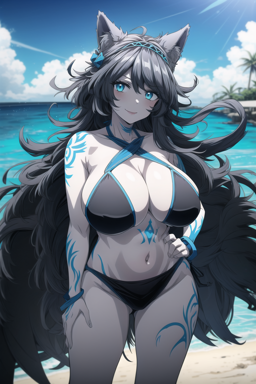 1girls ai_generated ass big_breasts bikini black_bikini black_hair blue_eyes breasts cat_ears catgirl female female_focus female_only huge_ass huge_breasts kasli_the_bane large_breasts pale-skinned_female smiling