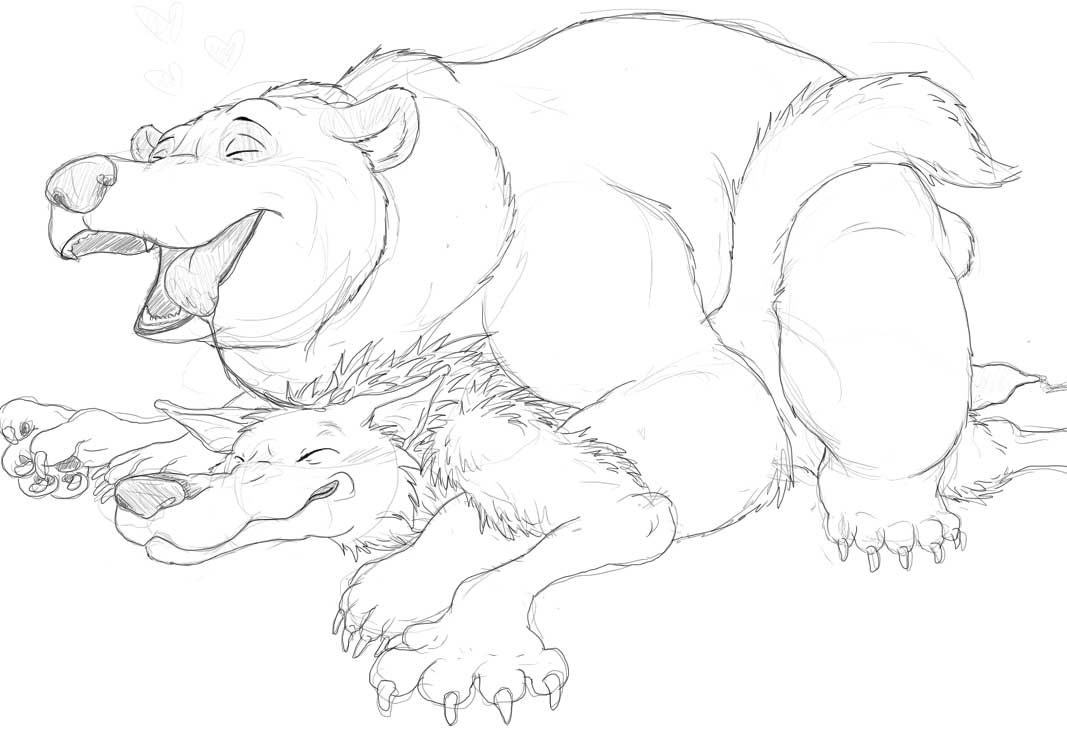 anal bear brother_bear canine crossover disney feral feral_on_feral furry furry_only gabu gay male male_only mikachu_tuhonen monochrome no_humans one_stormy_night rough_sketch sex size_difference wolf yaoi