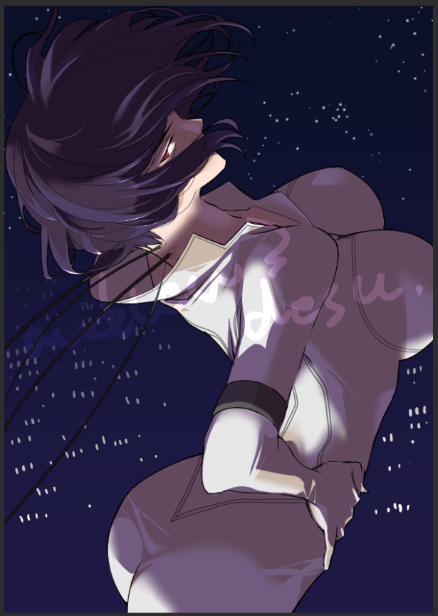 ass bodysuit breasts city_lights female ghost_in_the_shell kusanagi_motoko large_breasts msmad night night_sky purple_hair red_eyes sky solo white_bodysuit