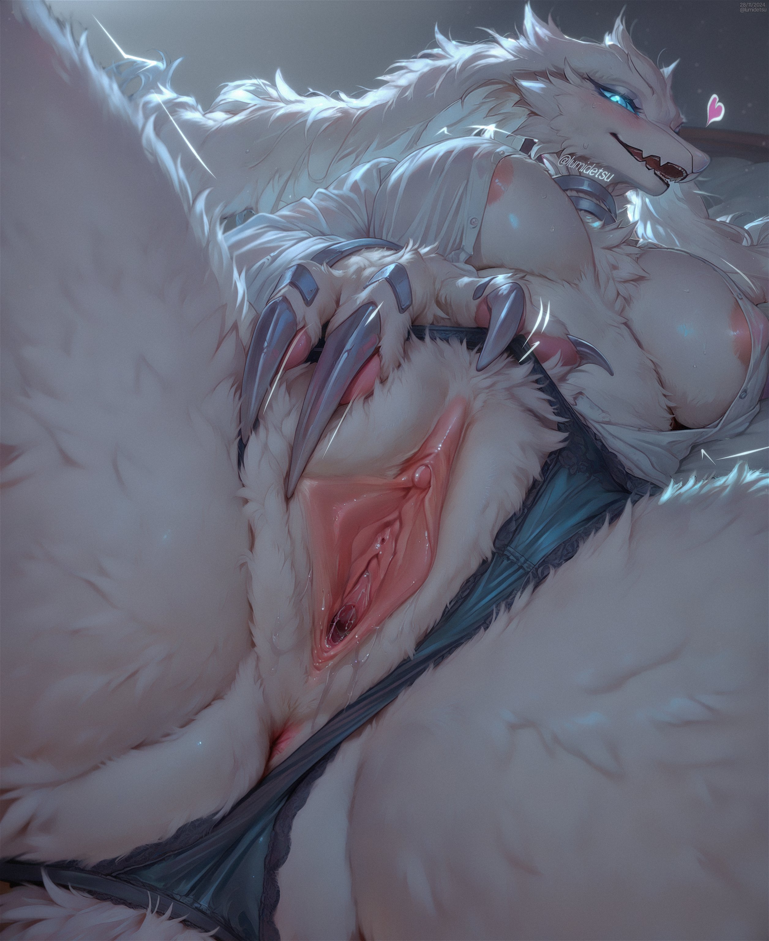 ai generated, anthro, anus, areola, ass, blue eyes, blue sclera, breasts, claws, clitoris, dragon, dragon girl, female, fur, furred dragon, heart, legendary pokemon, lumidetsu, nintendo, open mouth, pokemon, pokemon (species), pussy, reshiram, scalie, smile, spread pussy, white body, white fur