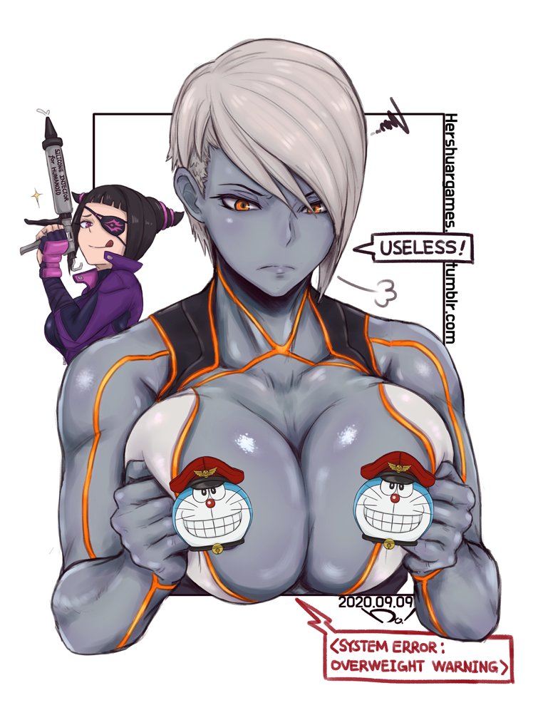 2d alternate_costume big_breasts breasts busty capcom cleavage female female_focus female_only hershuar hourglass_figure juri_han large_breasts robot robot_girl seth_(doll_unit_0) seth_(street_fighter) street_fighter street_fighter_v tagme