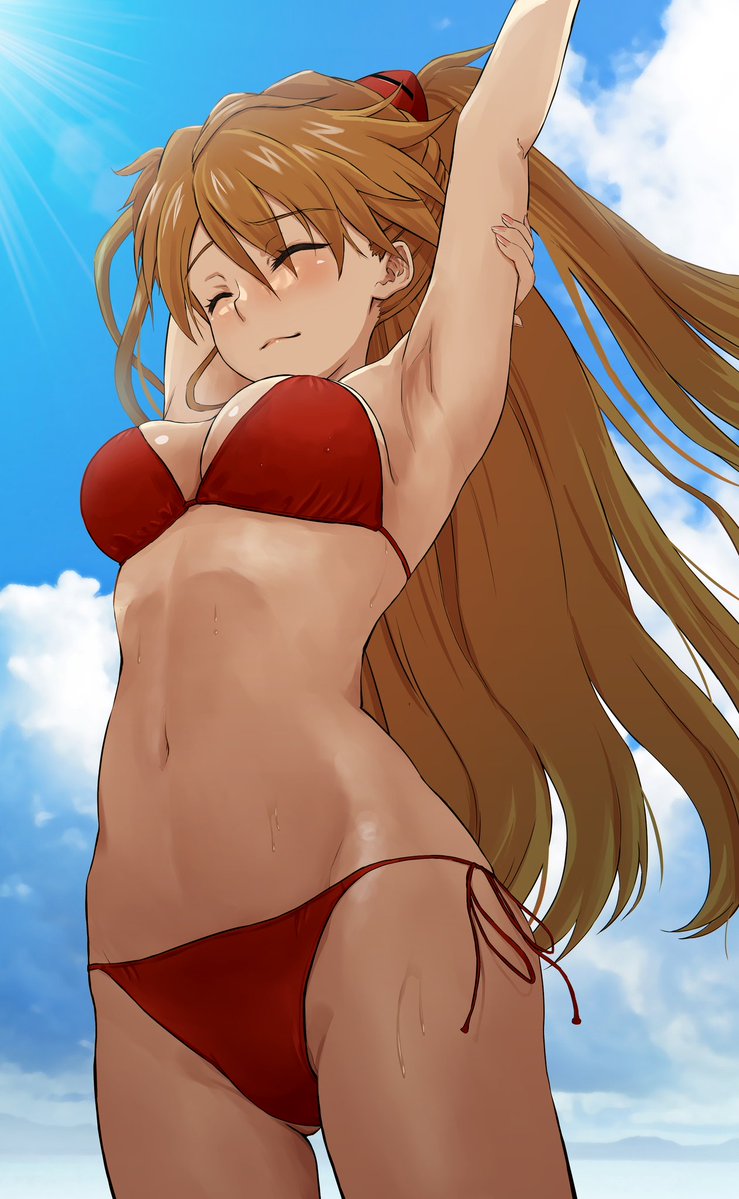 1girls asuka_langley_sohryu bikini bikini_bottom bikini_top breasts cleavage closed_eyes female female_only hair long_hair medium_breasts neon_genesis_evangelion orange_hair red_bikini solo solo_female stretching swimwear thighs topwear