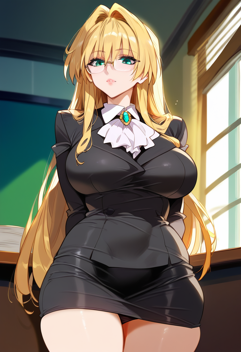 2d ai_generated big_breasts blonde_hair female female_focus female_only glasses indoors long_hair pencil_skirt skirt solo solo_female solo_focus suit tagme tearju_lunatique to_love-ru