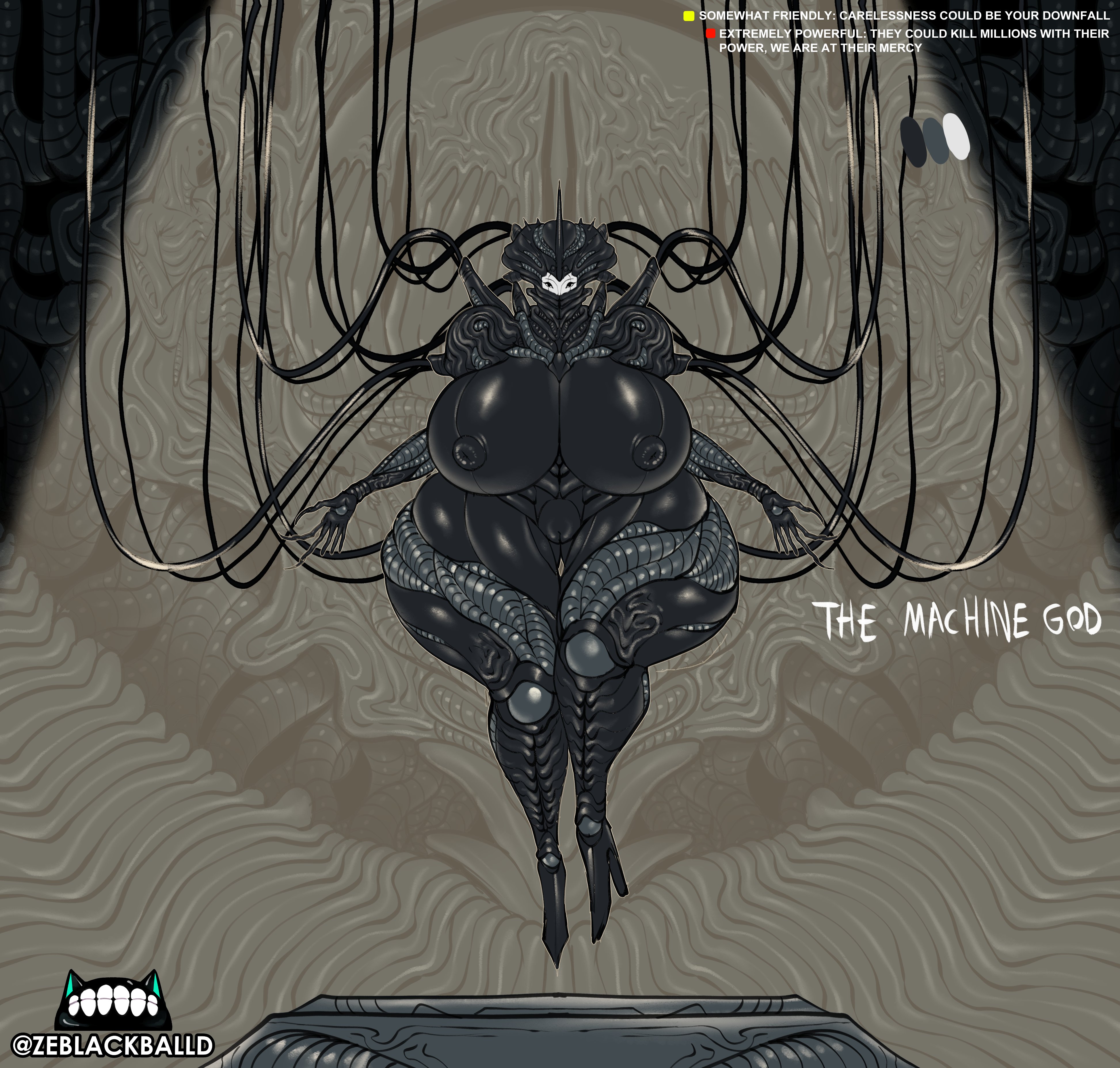 1girls, black body, breasts, character sheet, curvy female, female, gigantic breasts, larger female, model sheet, monster, original, original character, taller female, the machine god (zeblackballd), thick thighs, voluptuous, voluptuous female, ze blackball.d, zeblackballd (artist)