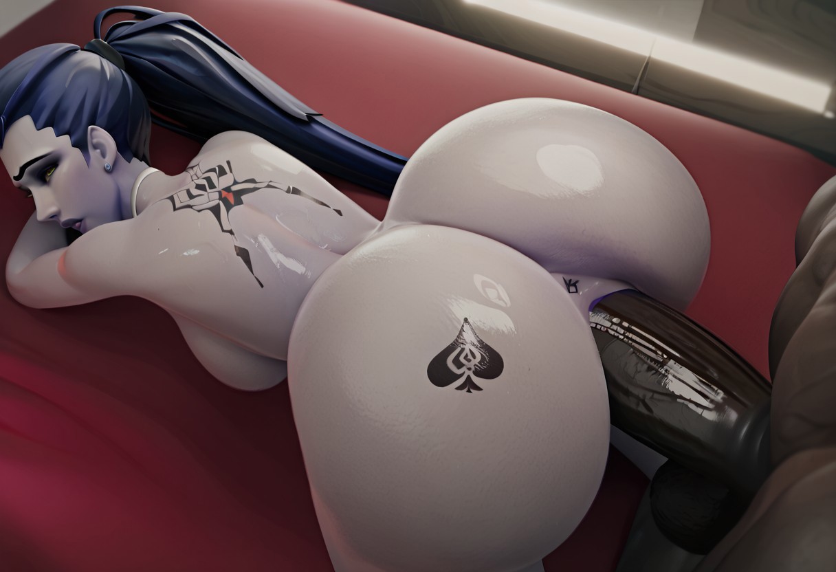 1boy, 1girls, ai generated, ass, big penis, blue body, blue hair, civitai, curvy, dark hair, dark skin, dark-skinned male, doggy style, fat ass, female, glossy, hi res, highres, huge ass, huge butt, huge cock, huge thighs, interracial, male, overwatch, overwatch 2, penis, pussy, qos, qos tattoo, queen of spades, tattoo, tattoos, thick penis, thick thighs, vaginal penetration, wet, wet body, wet skin, widowmaker