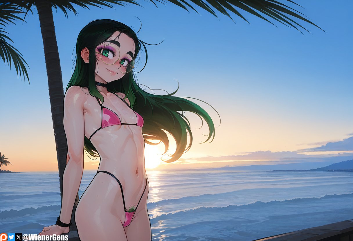 ai_generated beach blushing_at_viewer bracelet color freckles_on_face glasses green_eyes green_hair hi_res high_waisted_thong looking_at_viewer ocean original_character palm_tree patreon pink_bikini pubic_hair purple_makeup small_breasts small_thighs small_waist smiling_at_viewer sunset tagme toned_female wienergens