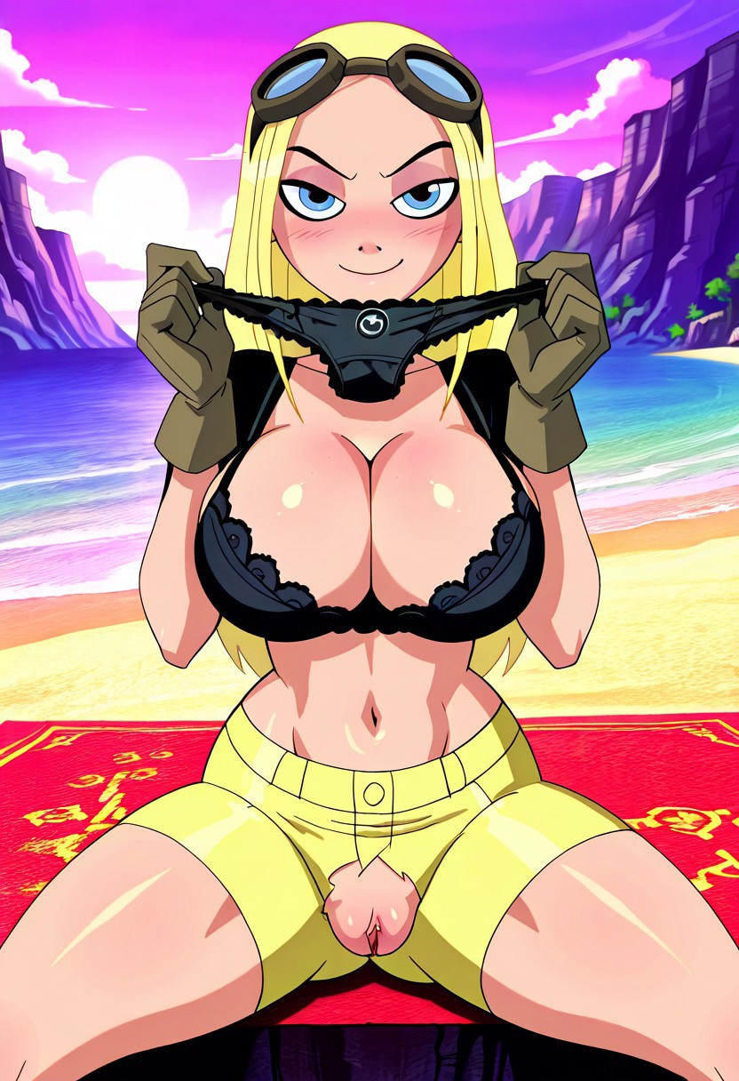 big_breasts blonde_female blonde_hair blue_eyes holding_panties ripped_clothing ripped_pants seductive_look seductive_smile teen_titans terra_(dc)