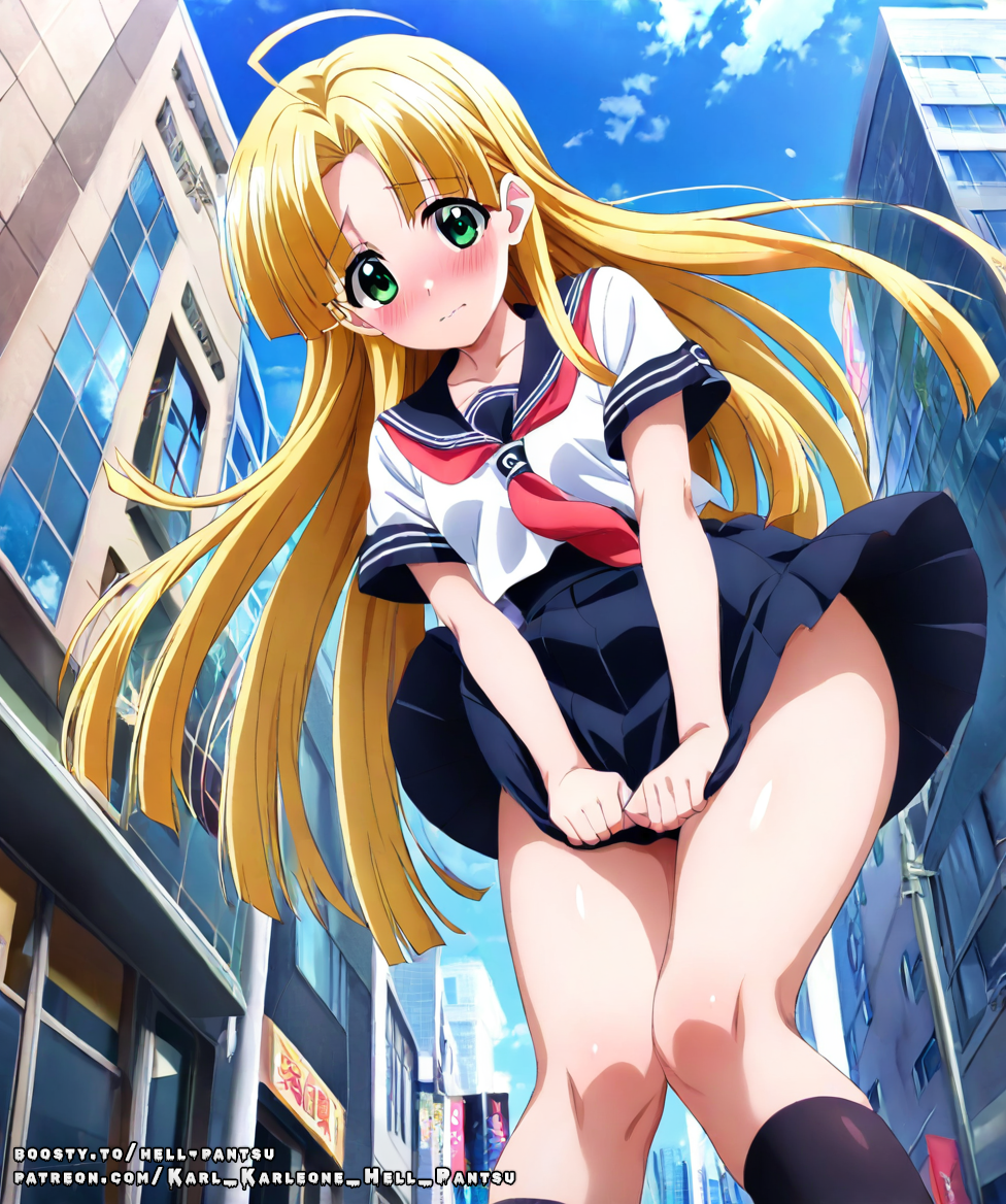 ahoge ai_generated asia_argento blonde_hair female female green_eyes hell-pantsu high_school_dxd long_hair school_uniform small_breasts solo